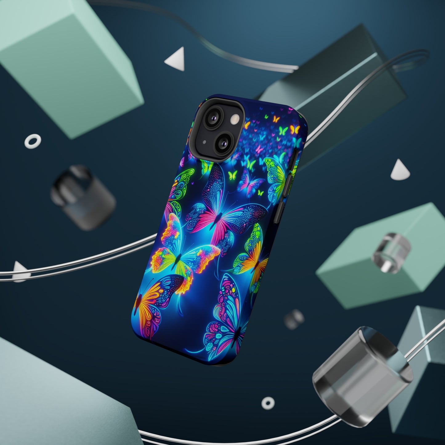 "Atmospheric Fluorescence" Neon Butterflies Premium Art Magsafe Magnet Tough IPhone 13 14 15 Pro Plus Max and Mini in Matte and Glossy Phone cases