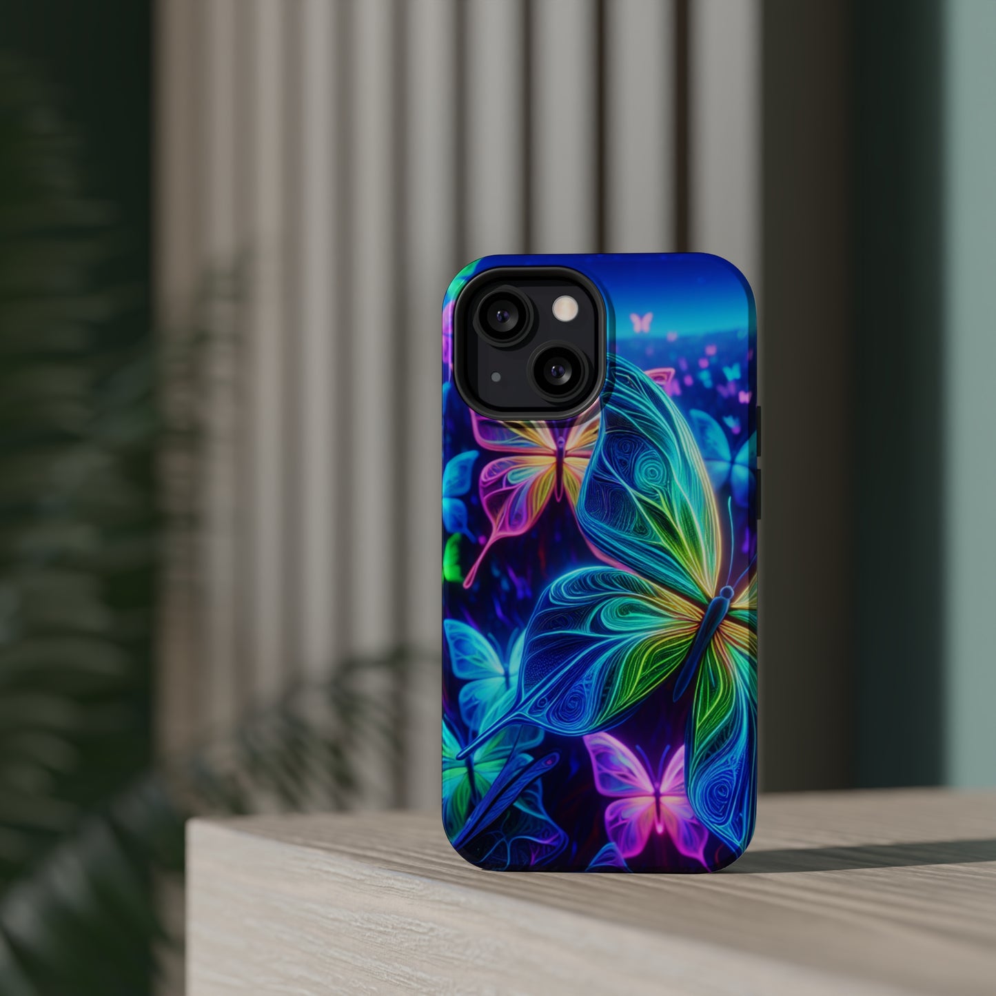'Serene Spectacle of Neon Butterflies' Neon Butterflies Premium Art Magsafe Magnet Tough IPhone 13 14 15 Pro Plus Max and Mini in Matte and Glossy Phone cases