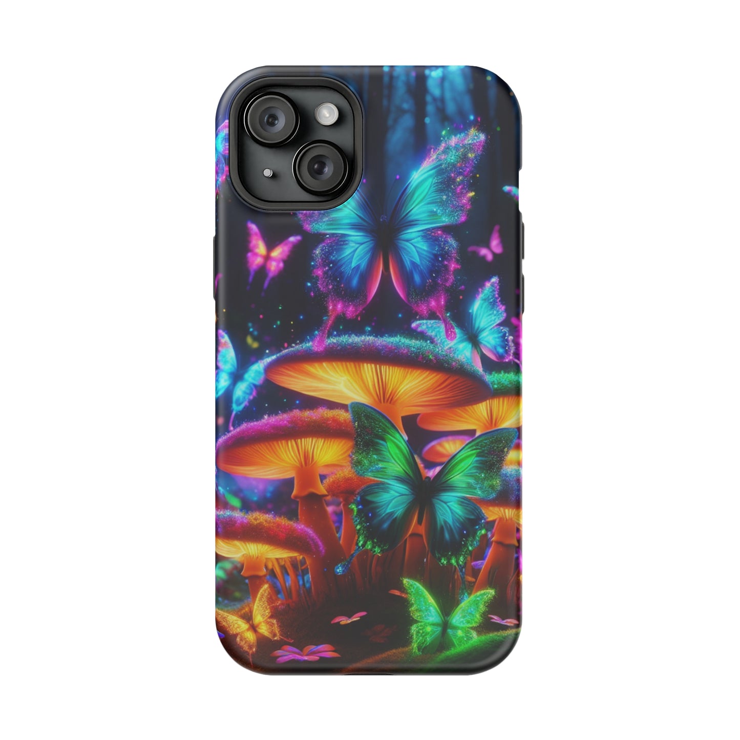 Neon Fantasia. Neon Butterflies and Mushrooms Premium Art Magsafe Magnet Tough IPhone 13 14 15 Pro Plus Max and Mini in Matte and Glossy Phone cases