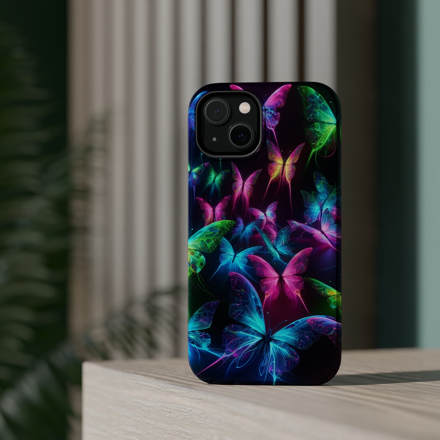 'Euphoria in Neon Flight' Neon Butterflies Premium Art Magsafe Magnet Tough IPhone 13 14 15 Pro Plus Max and Mini in Matte and Glossy Phone cases