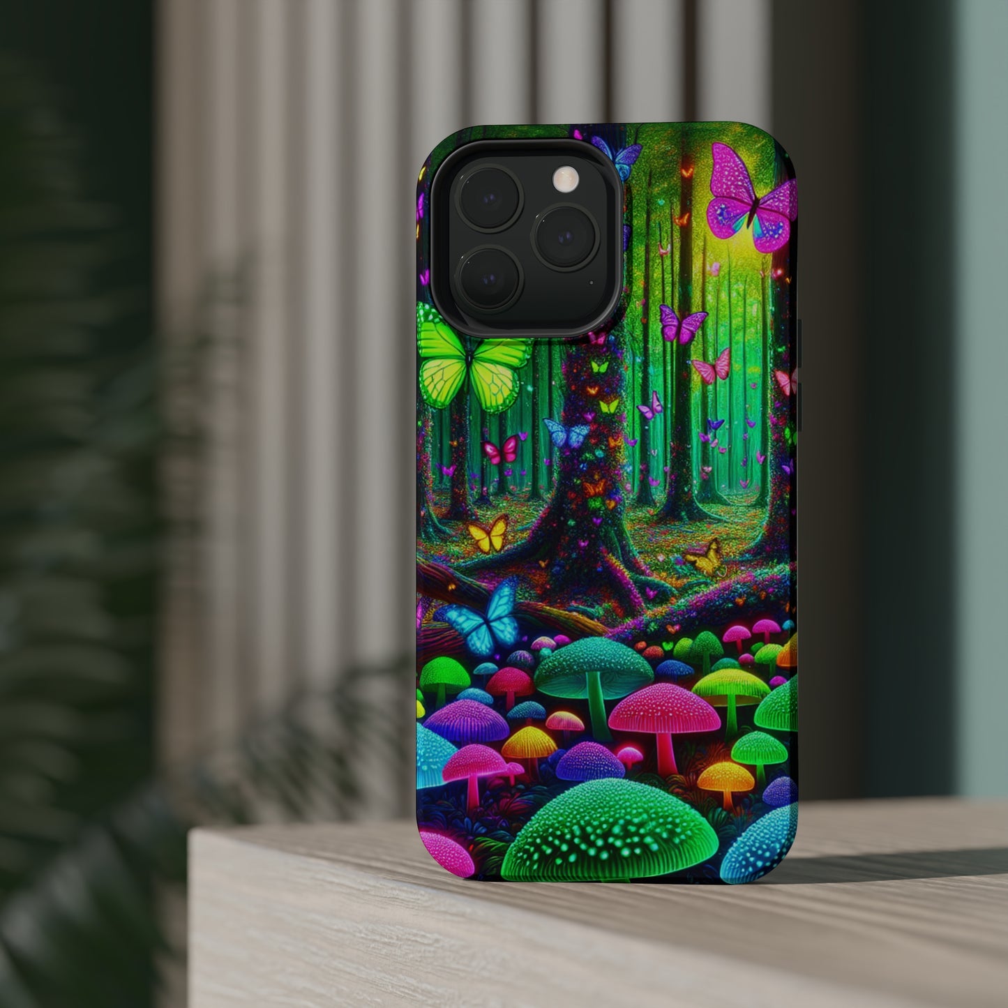 "Neon Garden Symphony". Neon Butterflies and Mushrooms Premium Art Magsafe Magnet Tough IPhone 13 14 15 Pro Plus Max and Mini in Matte and Glossy Phone cases