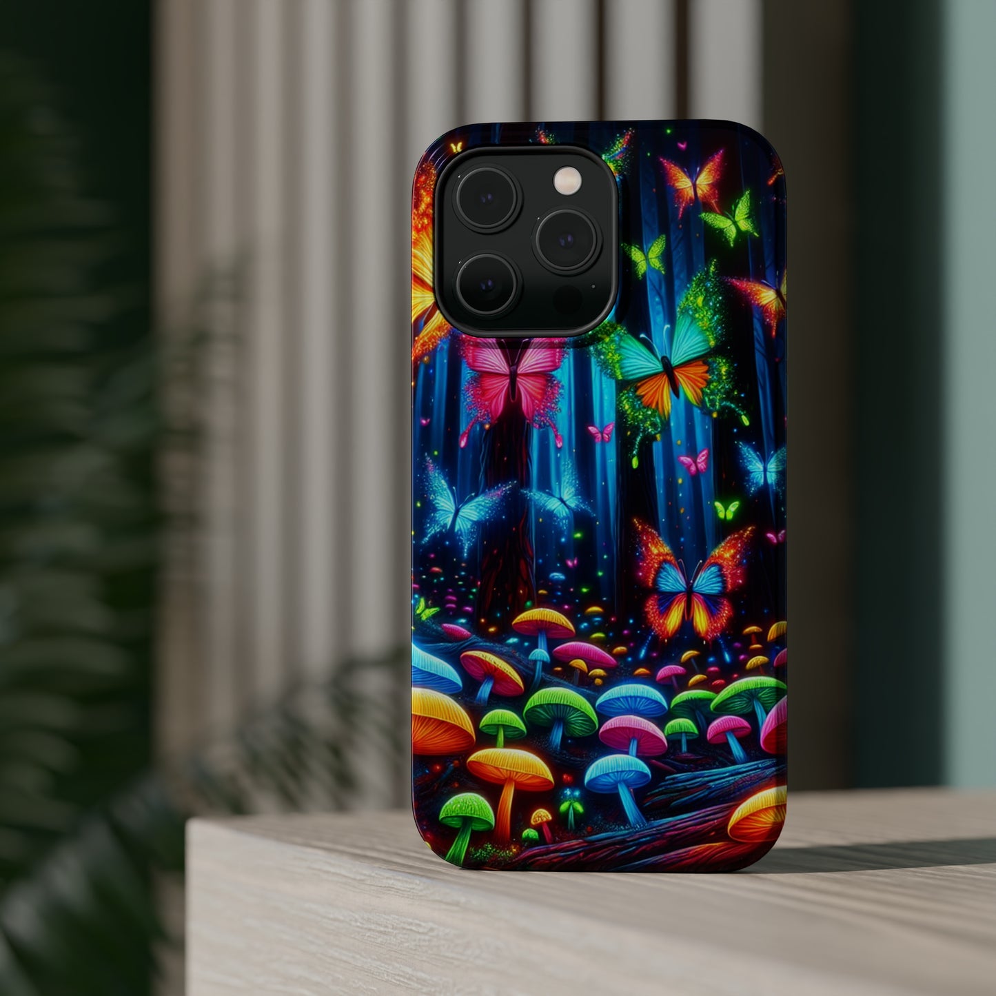 Neon Fantasia. Neon Butterflies and Mushrooms Premium Art Magsafe Magnet Tough IPhone 13 14 15 Pro Plus Max and Mini in Matte and Glossy Phone cases
