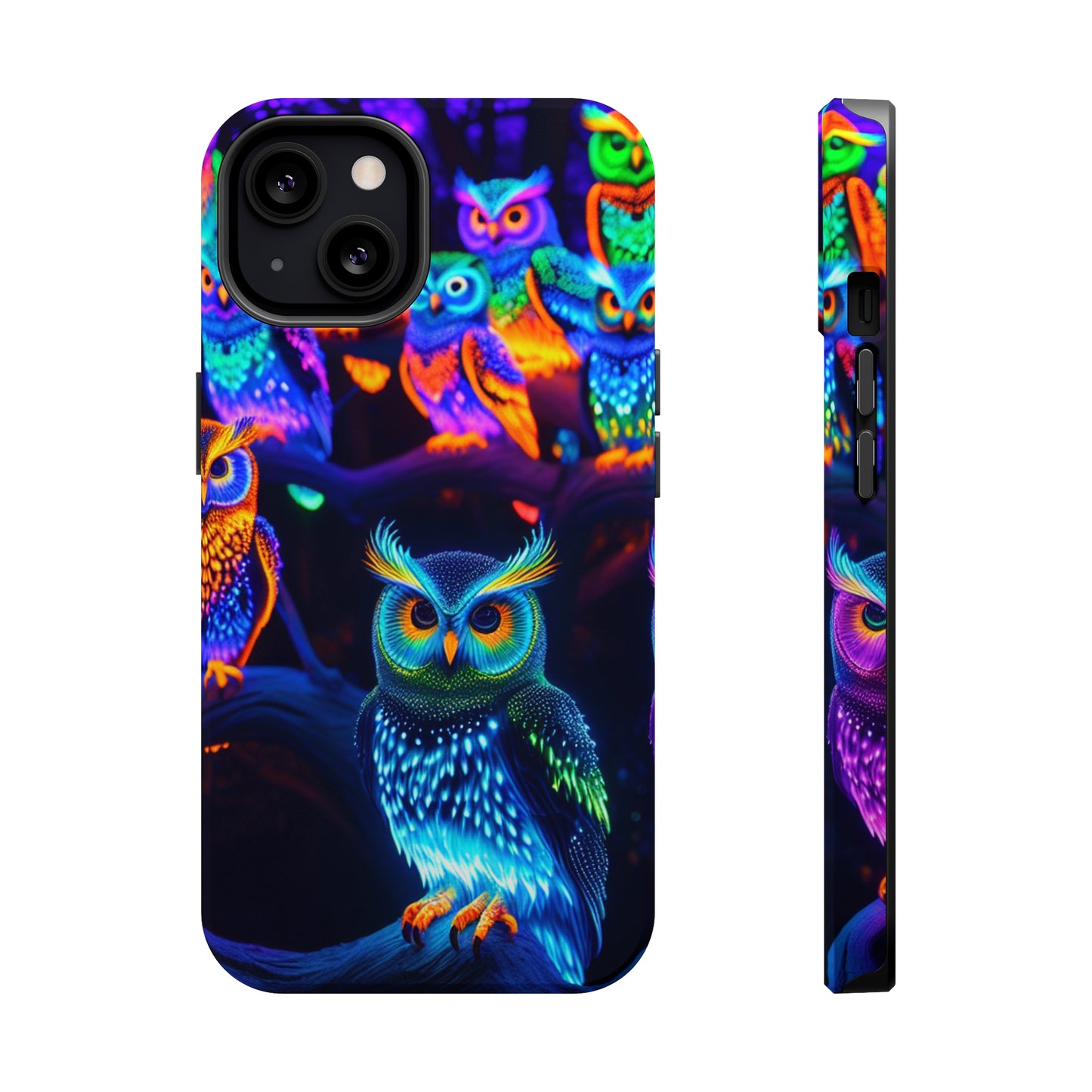 Glowing Neon Clan. Neon Owls Premium Art Magsafe Magnet Tough IPhone 13 14 15 Pro Plus Max and Mini in Matte and Glossy Phone cases