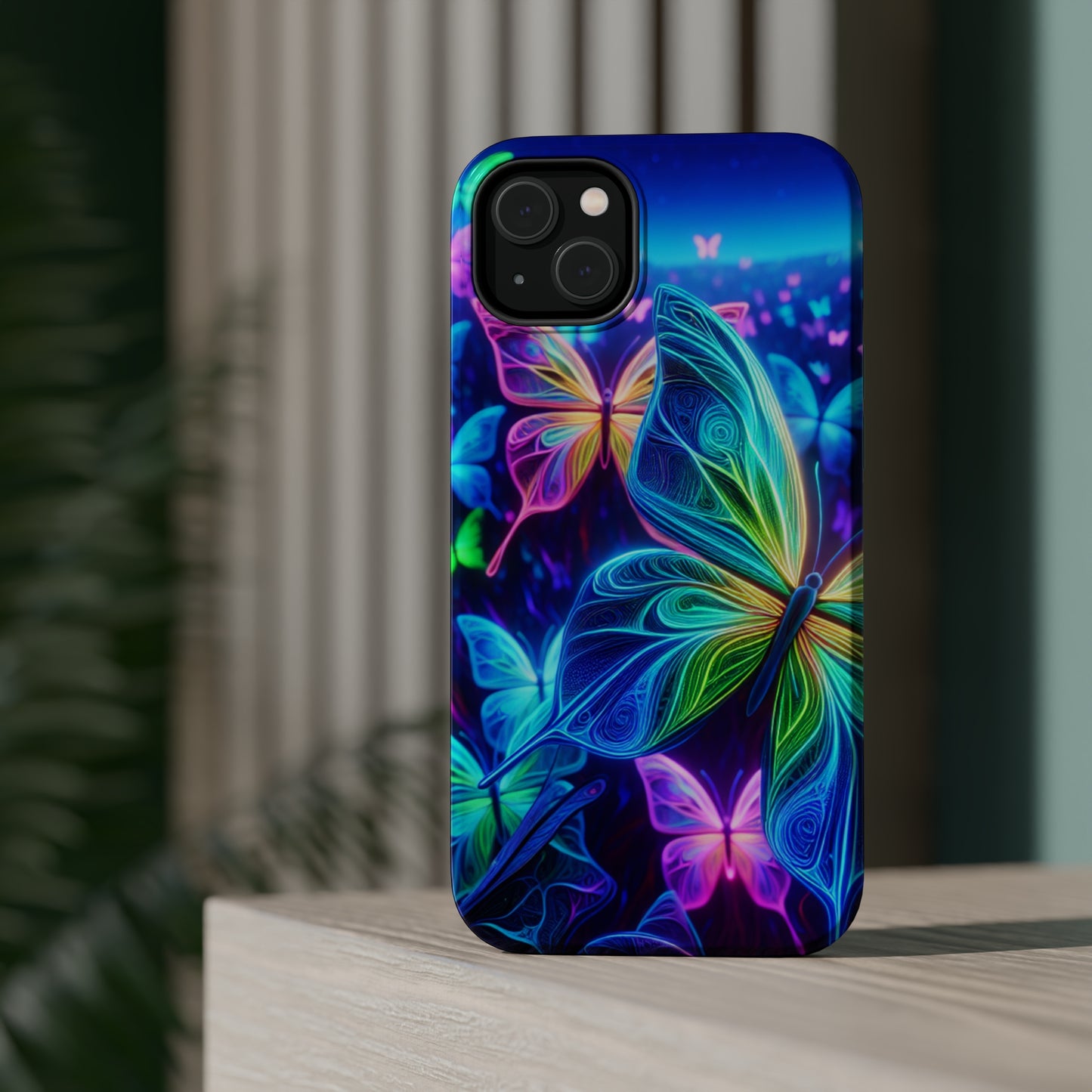 'Serene Spectacle of Neon Butterflies' Neon Butterflies Premium Art Magsafe Magnet Tough IPhone 13 14 15 Pro Plus Max and Mini in Matte and Glossy Phone cases