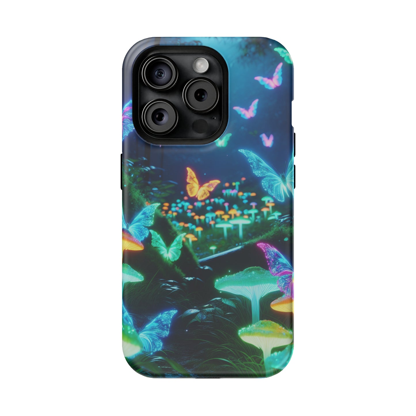 "Neon Meadow" Neon Butterflies and Mushrooms Premium Art Magsafe Magnet Tough IPhone 13 14 15 Pro Plus Max and Mini in Matte and Glossy Phone cases