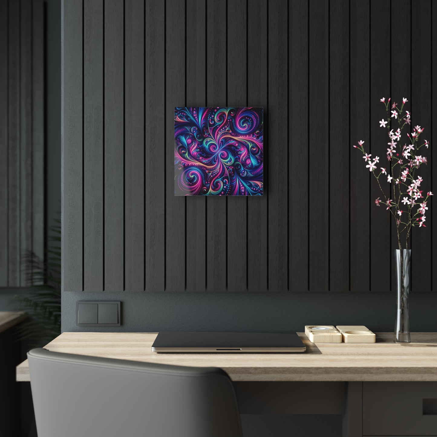 Vibrant Neon Infinity Fractalization. Trippy infity Pattern 1/4" Glossy Acrylic Art