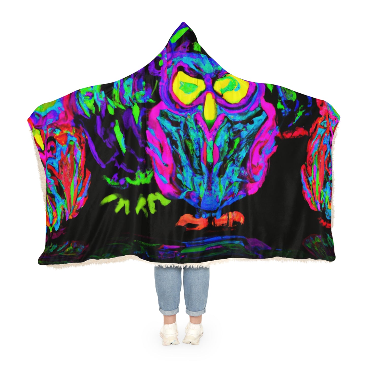 "Owls After Dark" - NEON Owls Art Hooded Snuggle Blanket