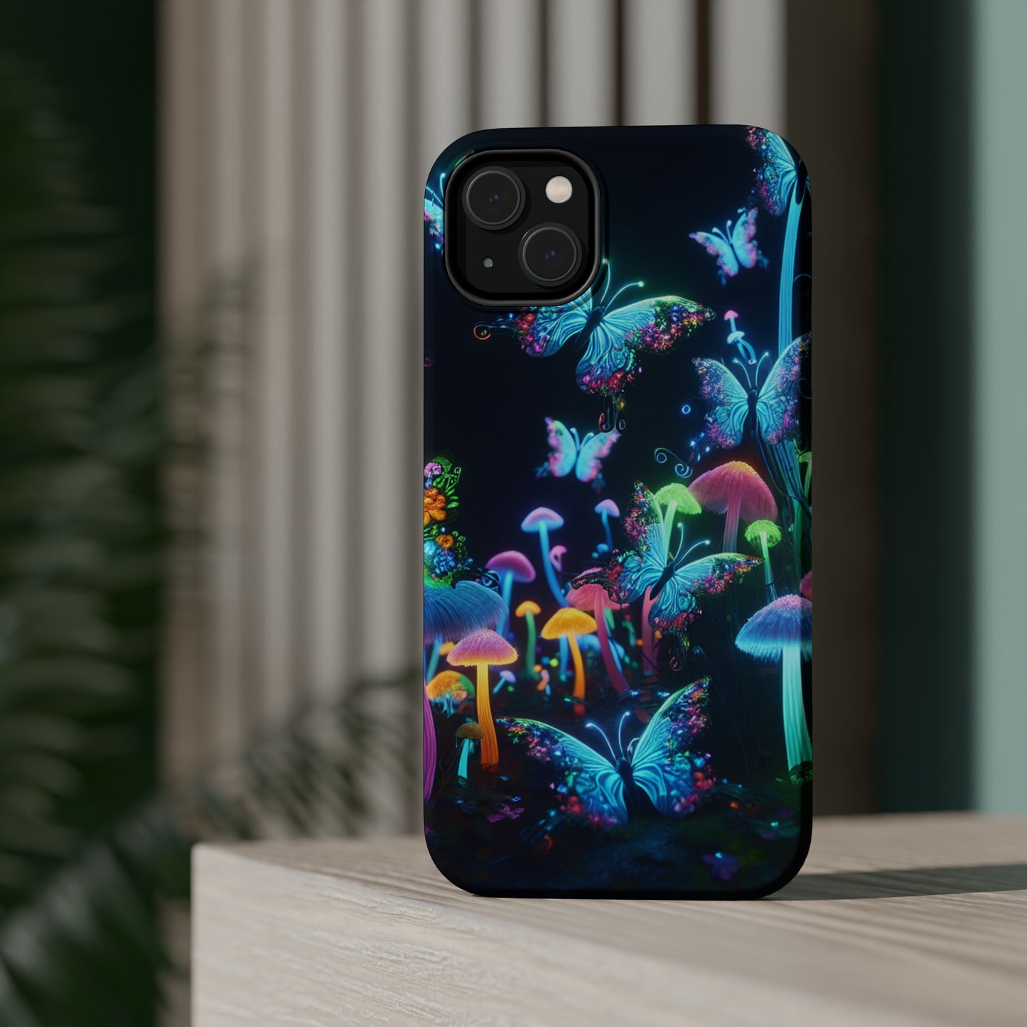 "Neon Dreamscape" Neon Butterflies and Mushrooms Premium Art Magsafe Magnet Tough IPhone 13 14 15 Pro Plus Max and Mini in Matte and Glossy Phone cases