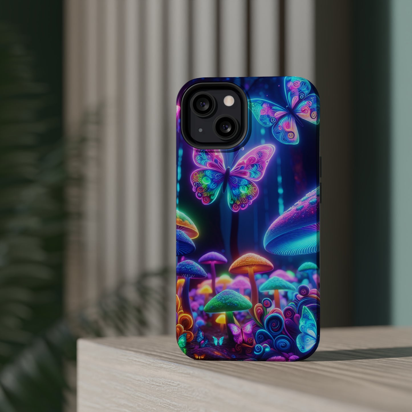 Neon Ecstasy. Neon Butterflies and Mushrooms Premium Art Magsafe Magnet Tough IPhone 13 14 15 Pro Plus Max and Mini in Matte and Glossy Phone cases