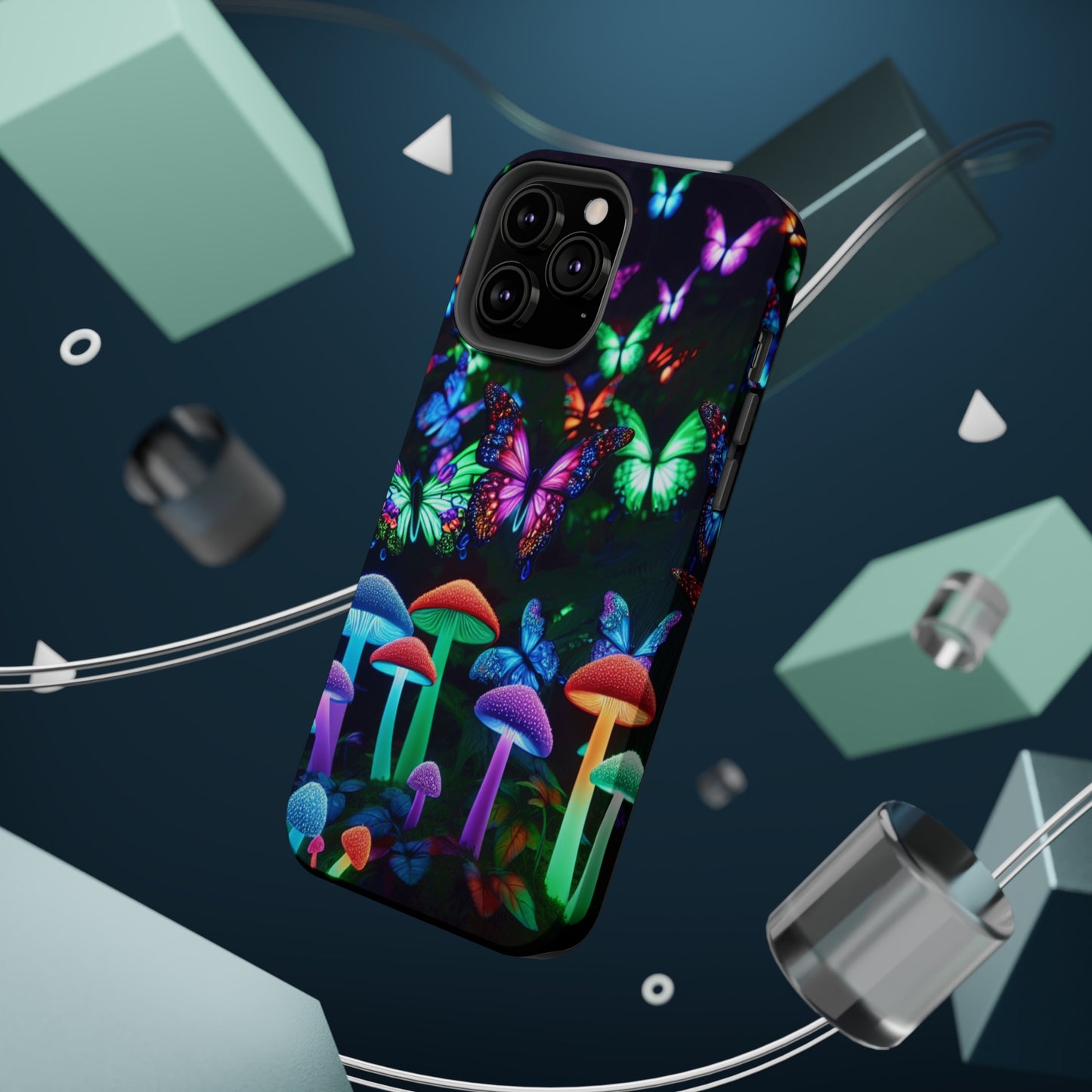"Neon Burst Wonderland". Neon Butterflies and Mushrooms Premium Art Magsafe Magnet Tough IPhone 13 14 15 Pro Plus Max and Mini in Matte and Glossy Phone cases