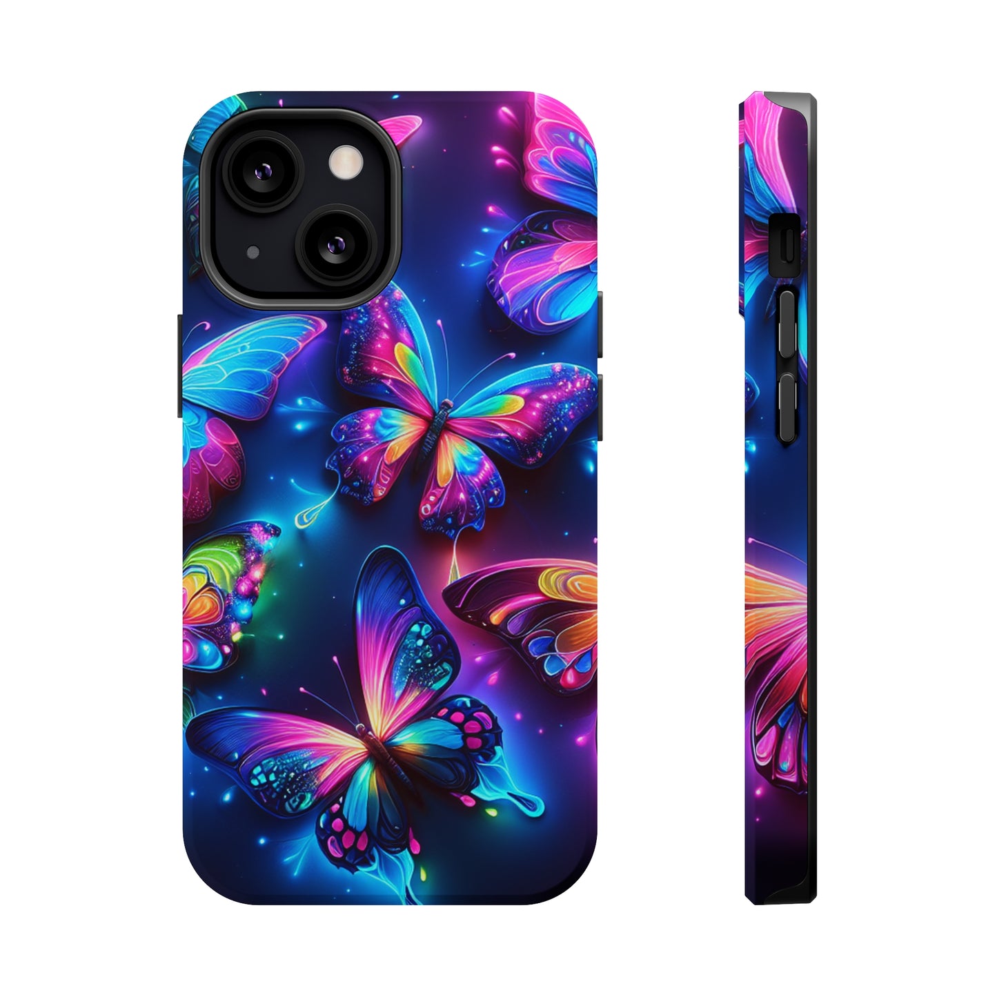 "Neon Butterfly Muster" Neon Butterflies Premium Art Magsafe Magnet Tough IPhone 13 14 15 Pro Plus Max and Mini in Matte and Glossy Phone cases