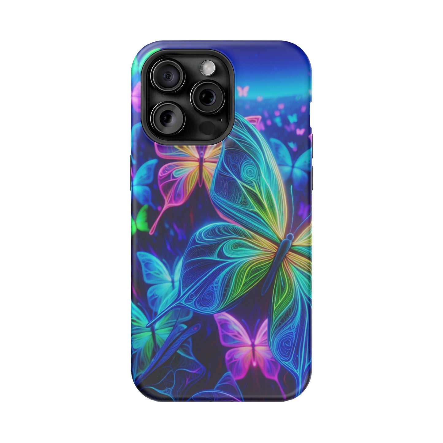 'Serene Spectacle of Neon Butterflies' Neon Butterflies Premium Art Magsafe Magnet Tough IPhone 13 14 15 Pro Plus Max and Mini in Matte and Glossy Phone cases
