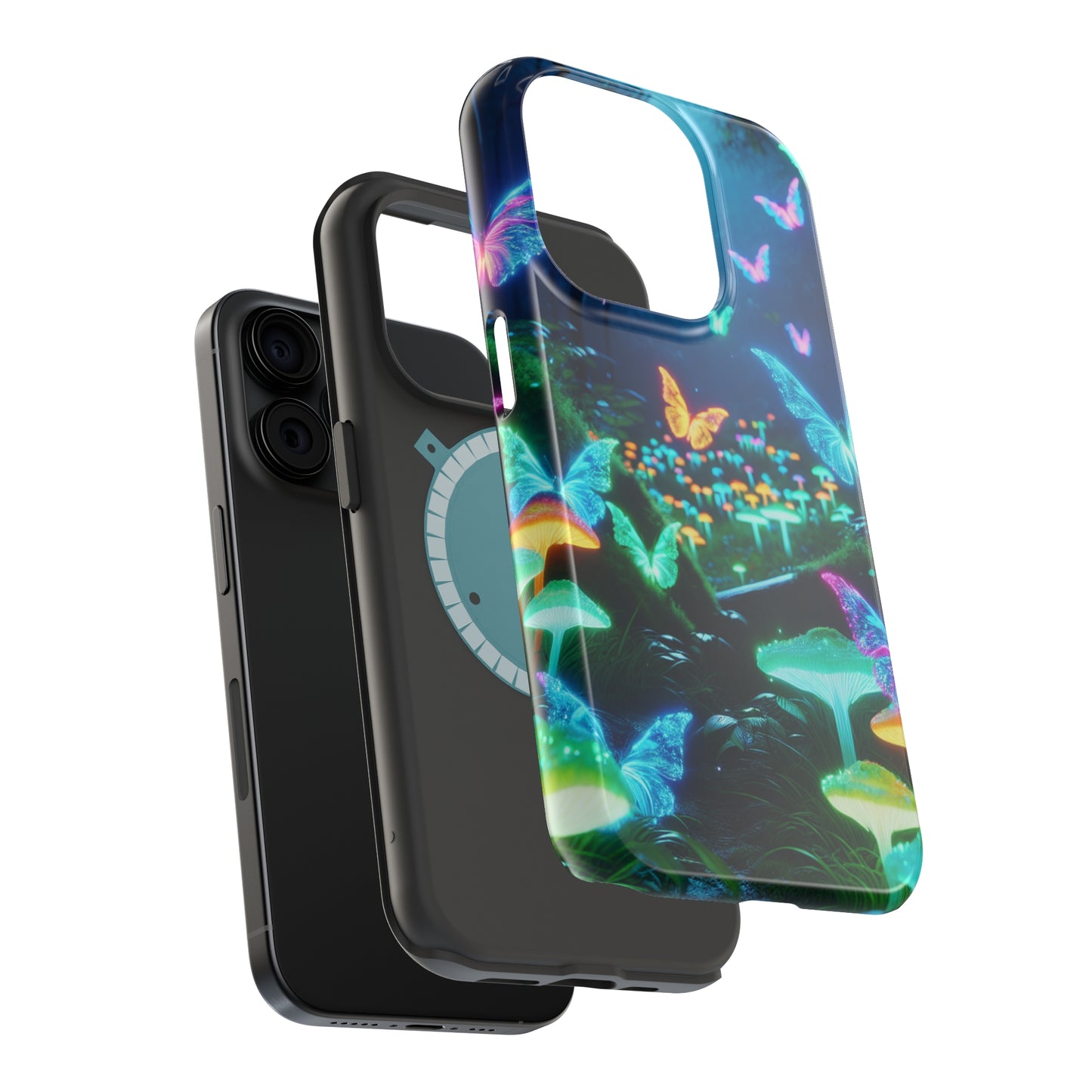 "Neon Meadow" Neon Butterflies and Mushrooms Premium Art Magsafe Magnet Tough IPhone 13 14 15 Pro Plus Max and Mini in Matte and Glossy Phone cases