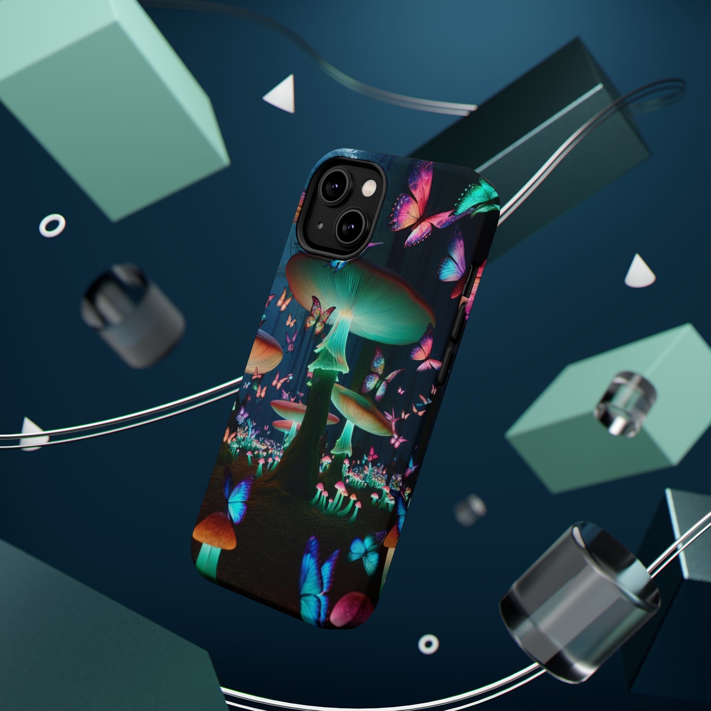 Neon Garden Delight. Neon Butterflies and Mushrooms Premium Art Magsafe Magnet Tough IPhone 13 14 15 Pro Plus Max and Mini in Matte and Glossy Phone cases
