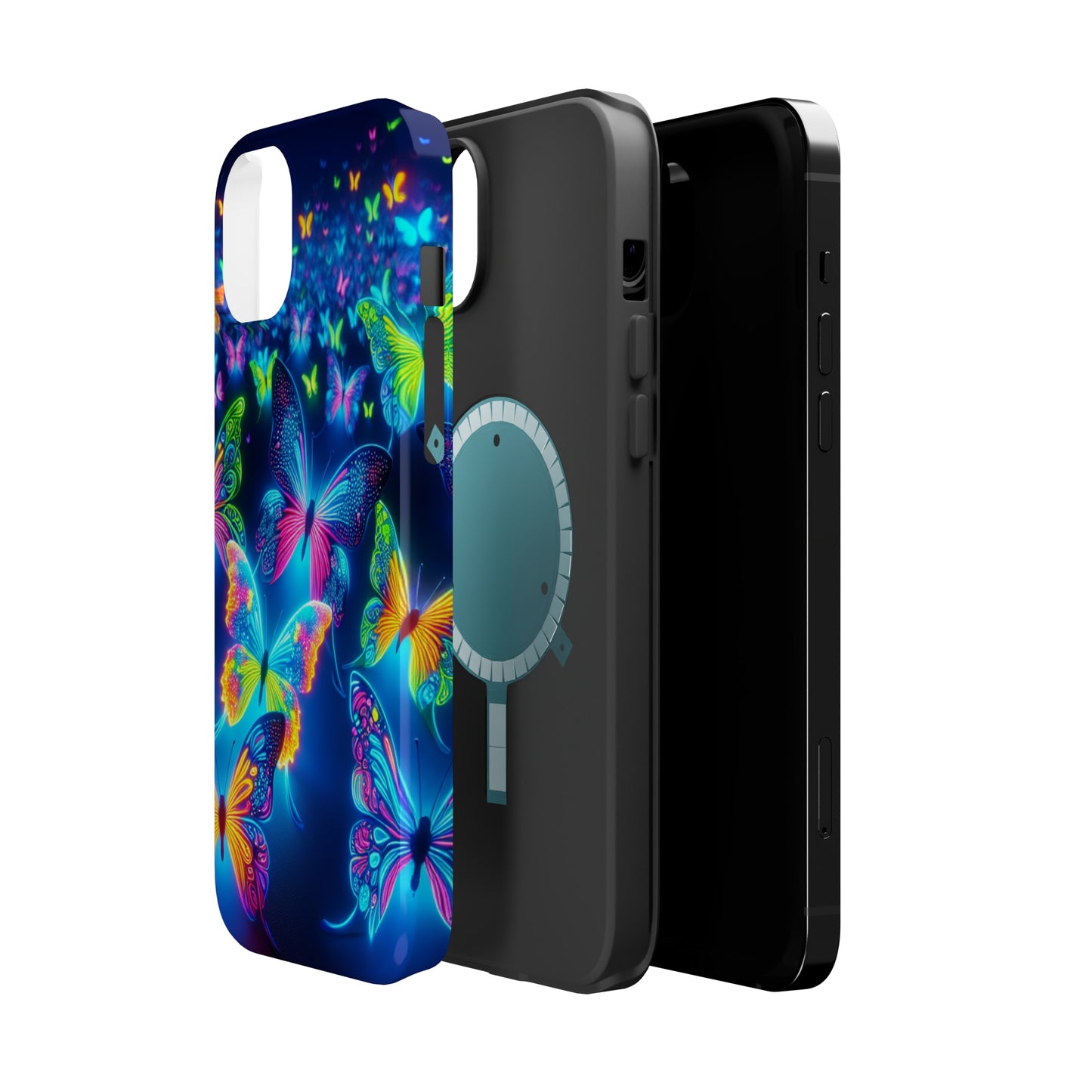 "Atmospheric Fluorescence" Neon Butterflies Premium Art Magsafe Magnet Tough IPhone 13 14 15 Pro Plus Max and Mini in Matte and Glossy Phone cases