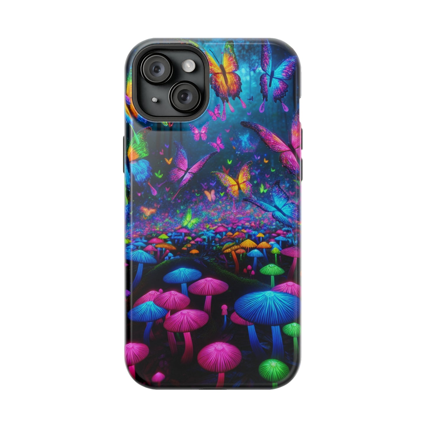 Neon Fruition Neon Butterflies and Mushrooms Premium Art Magsafe Magnet Tough IPhone 13 14 15 Pro Plus Max and Mini in Matte and Glossy Phone cases