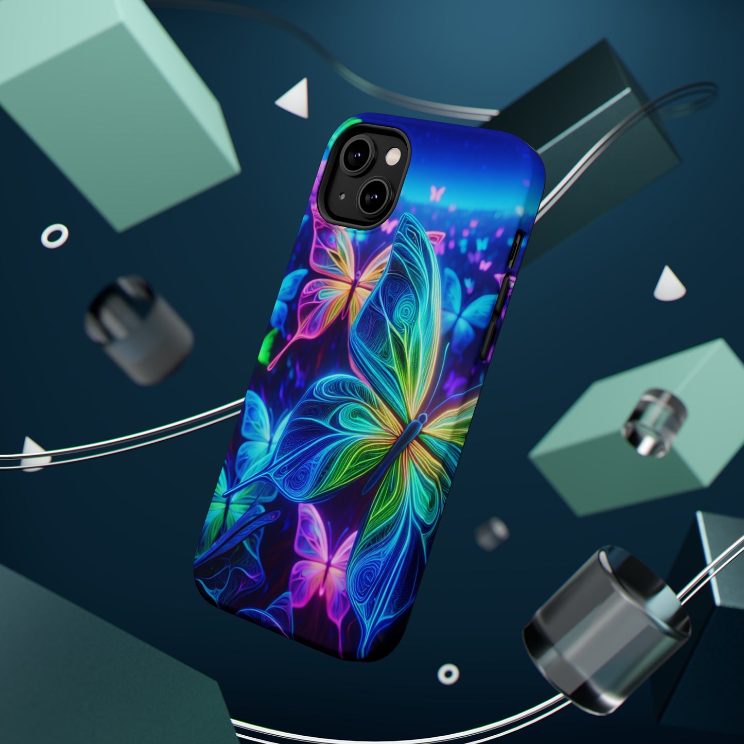 'Serene Spectacle of Neon Butterflies' Neon Butterflies Premium Art Magsafe Magnet Tough IPhone 13 14 15 Pro Plus Max and Mini in Matte and Glossy Phone cases