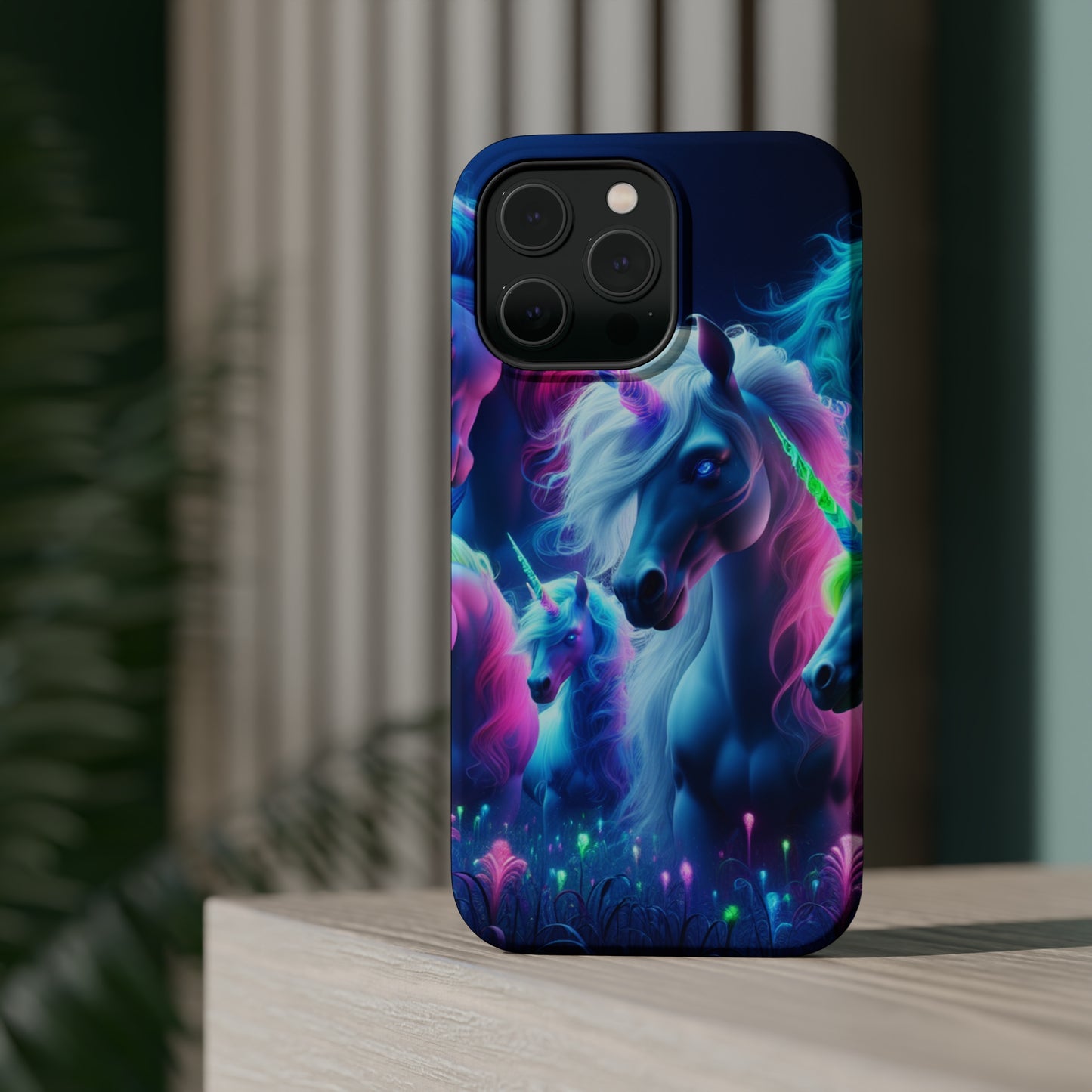 "Unicorn Flux-scape" Neon Unicorns Premium Art Magsafe Magnet Tough IPhone 13 14 15 Pro Plus Max and Mini in Matte and Glossy Phone cases