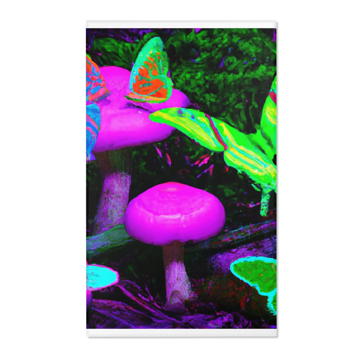Vibrant Neon Fantasia. Butterflies & Mushrooms Area Rug