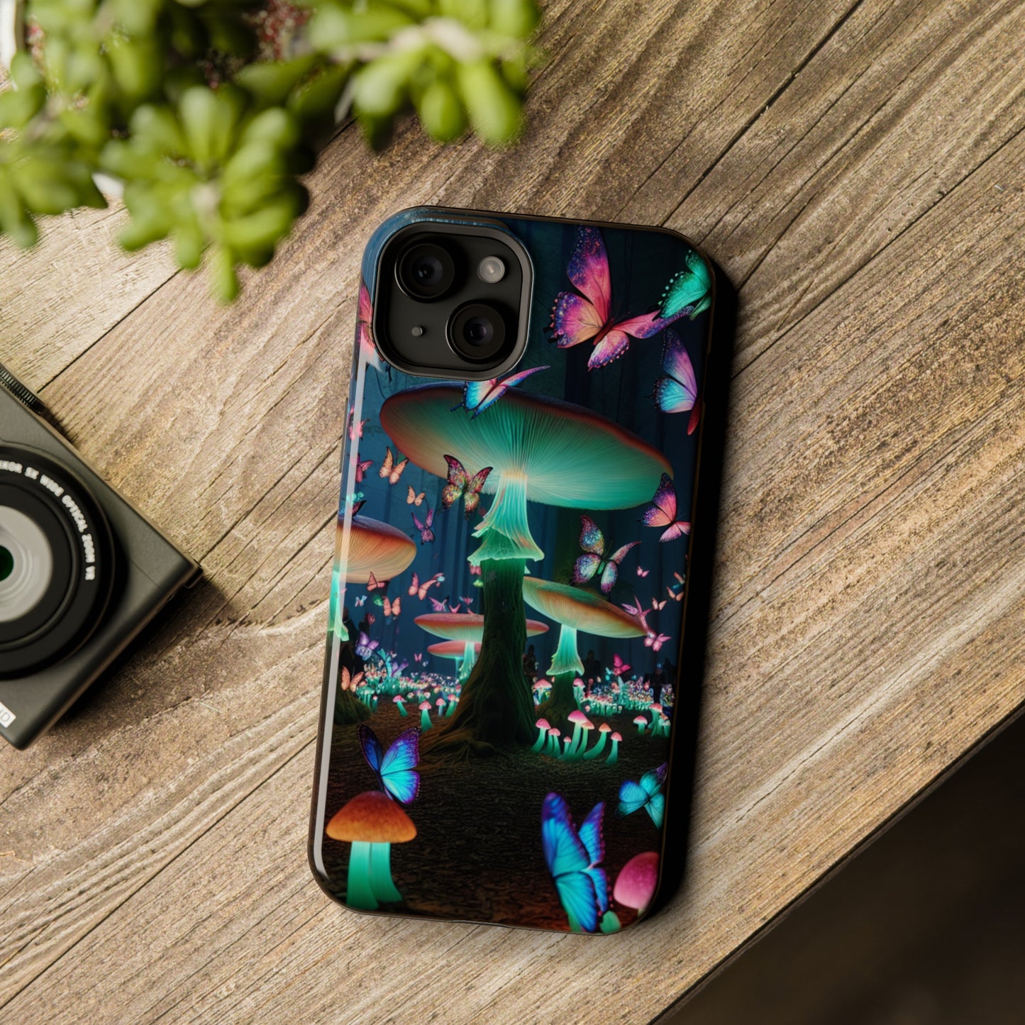 Neon Garden Delight. Neon Butterflies and Mushrooms Premium Art Magsafe Magnet Tough IPhone 13 14 15 Pro Plus Max and Mini in Matte and Glossy Phone cases