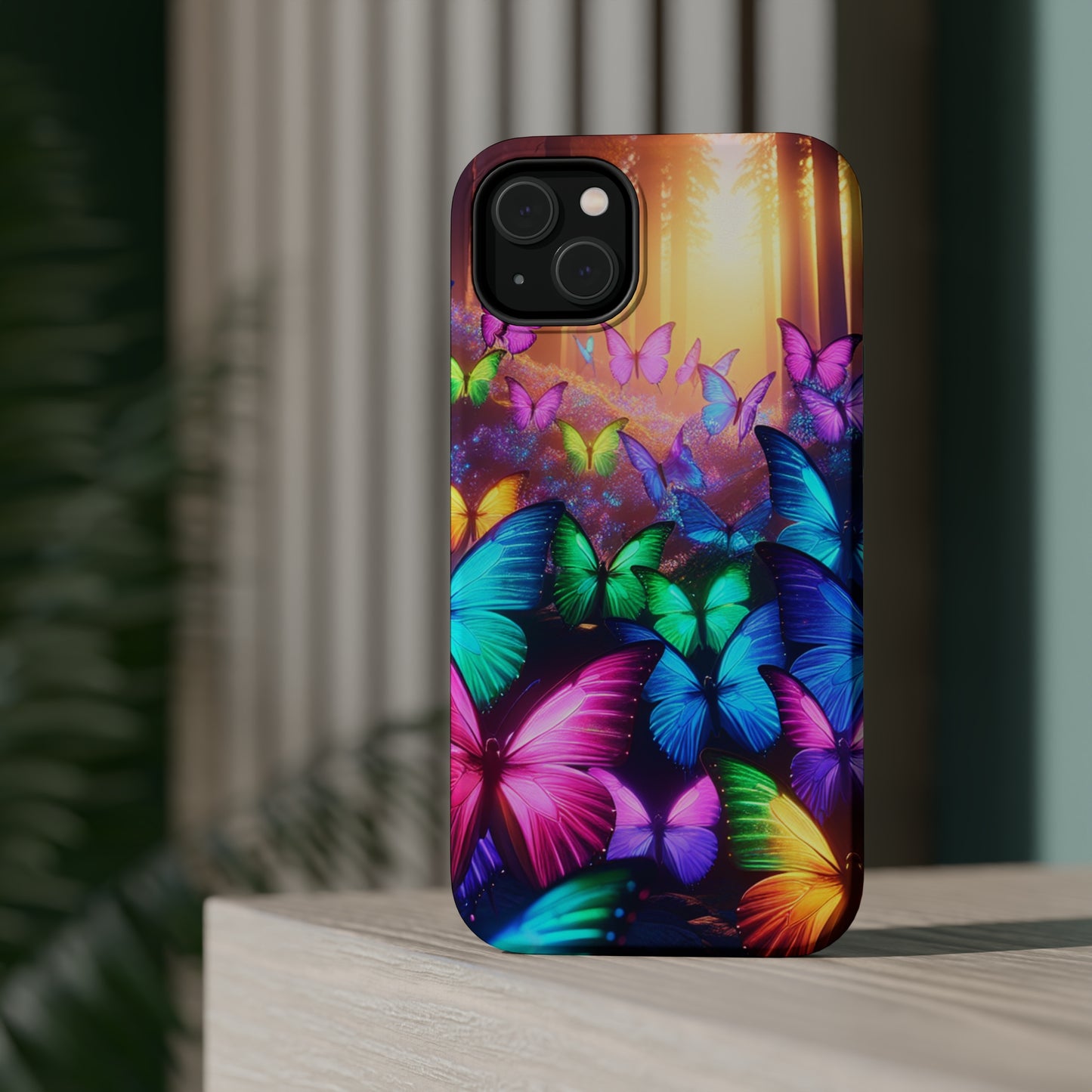 "Radiant Glowing Flight" Neon Butterflies Premium Art Magsafe Magnet Tough IPhone 13 14 15 Pro Plus Max and Mini in Matte and Glossy Phone cases