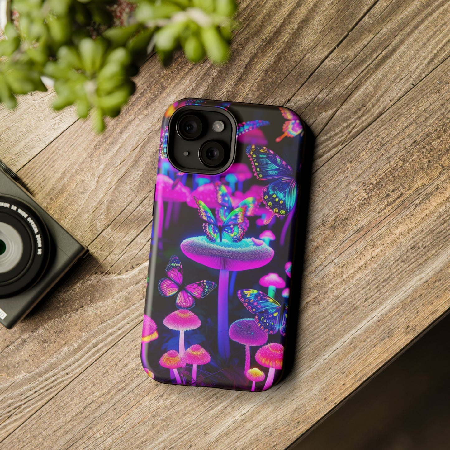"Neon Gloomsprite Dance" Neon Butterflies and Mushrooms Premium Art Magsafe Magnet Tough IPhone 13 14 15 Pro Plus Max and Mini in Matte and Glossy Phone cases