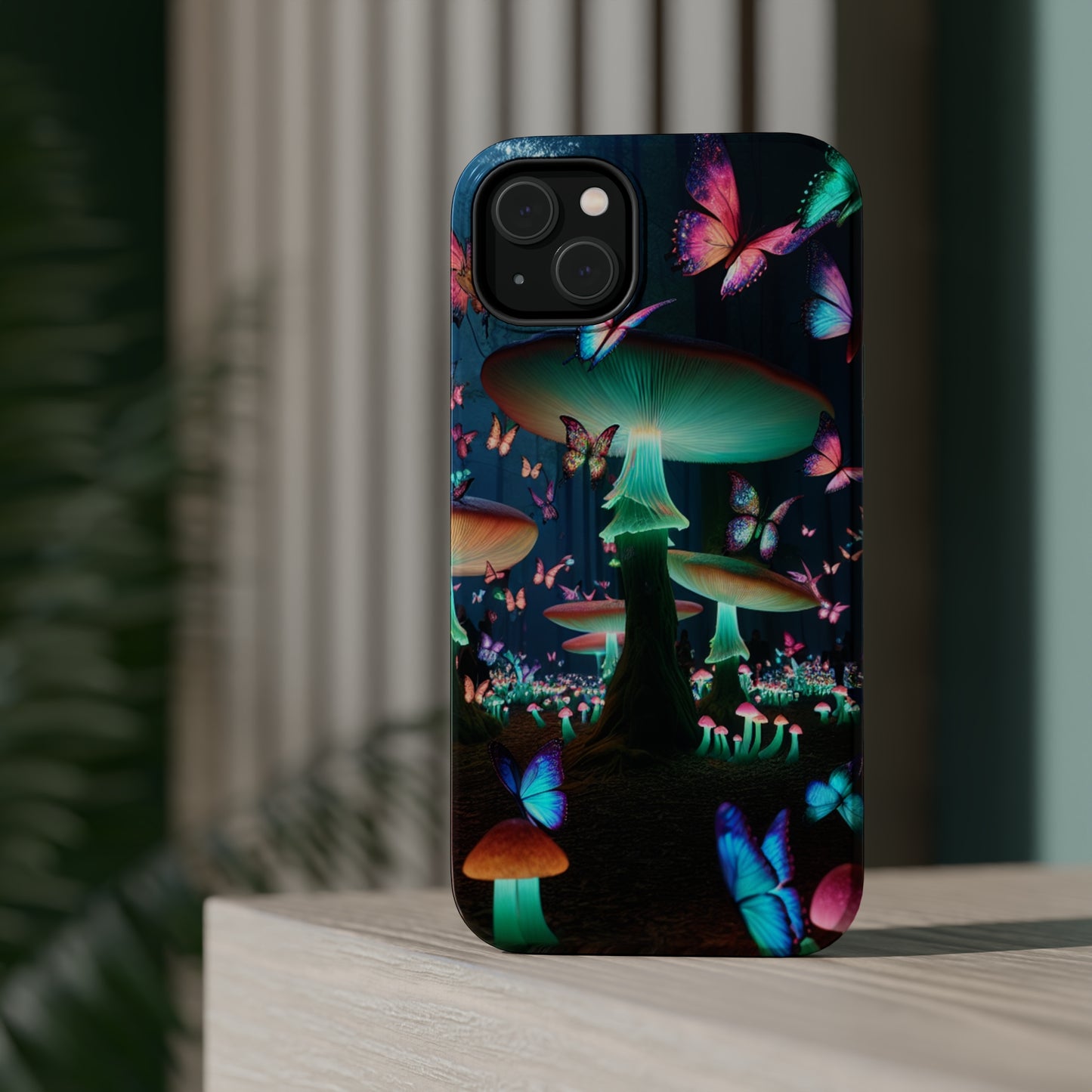 Neon Garden Delight. Neon Butterflies and Mushrooms Premium Art Magsafe Magnet Tough IPhone 13 14 15 Pro Plus Max and Mini in Matte and Glossy Phone cases