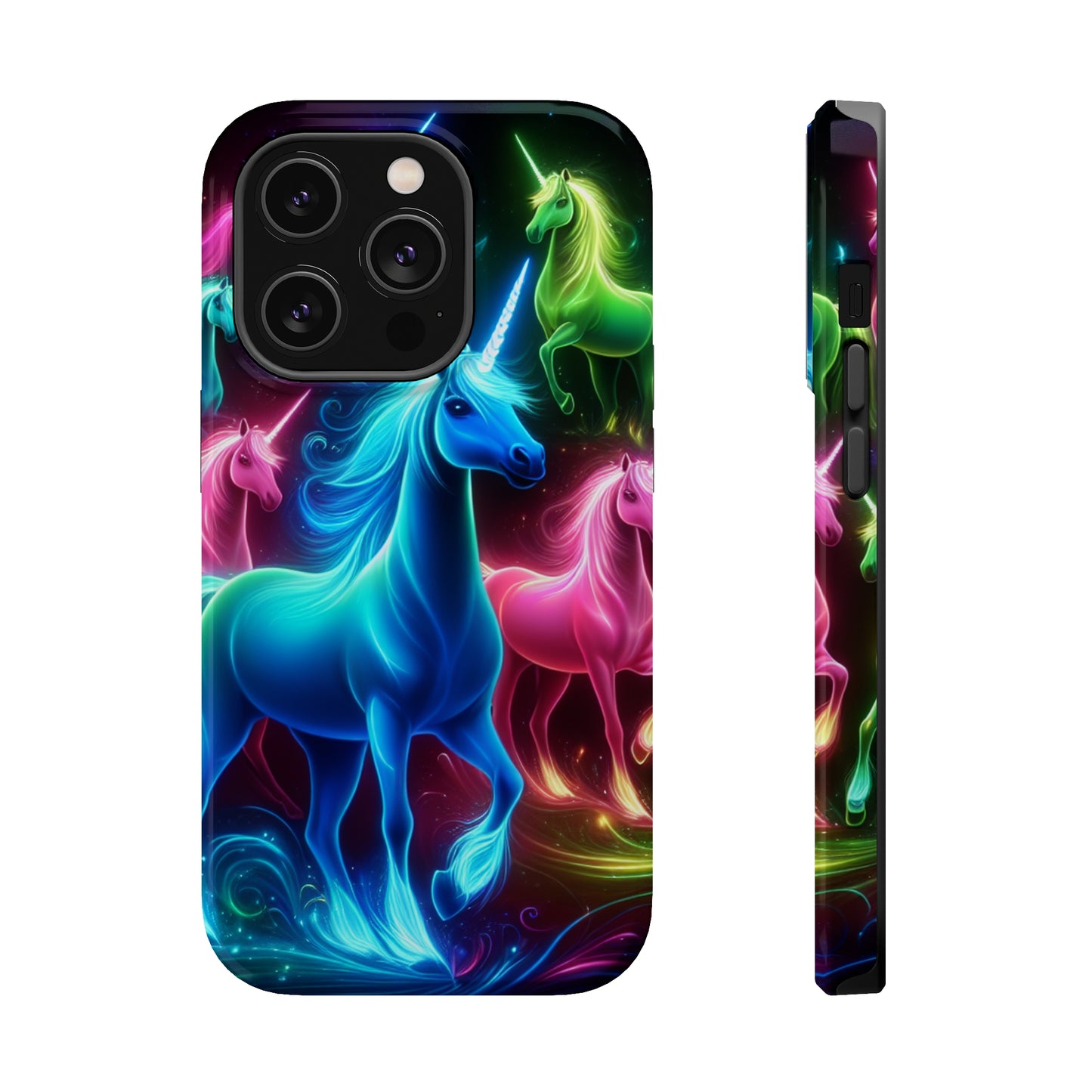 Neon Rainbow Herd. Neon Unicorns Premium Art Magsafe Magnet Tough IPhone 13 14 15 Pro Plus Max and Mini in Matte and Glossy Phone cases