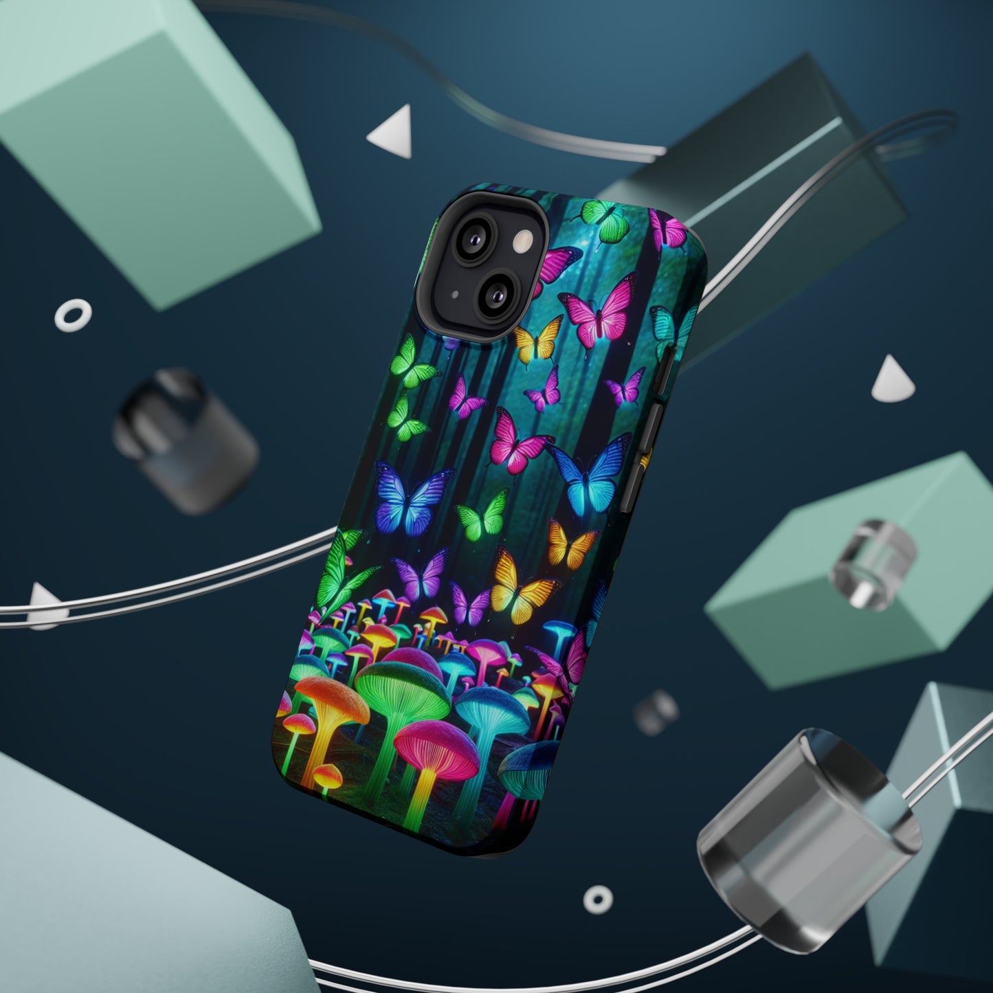 "Vivid Neon Splendor" Neon Butterflies and Mushrooms Premium Art Magsafe Magnet Tough IPhone 13 14 15 Pro Plus Max and Mini in Matte and Glossy Phone cases