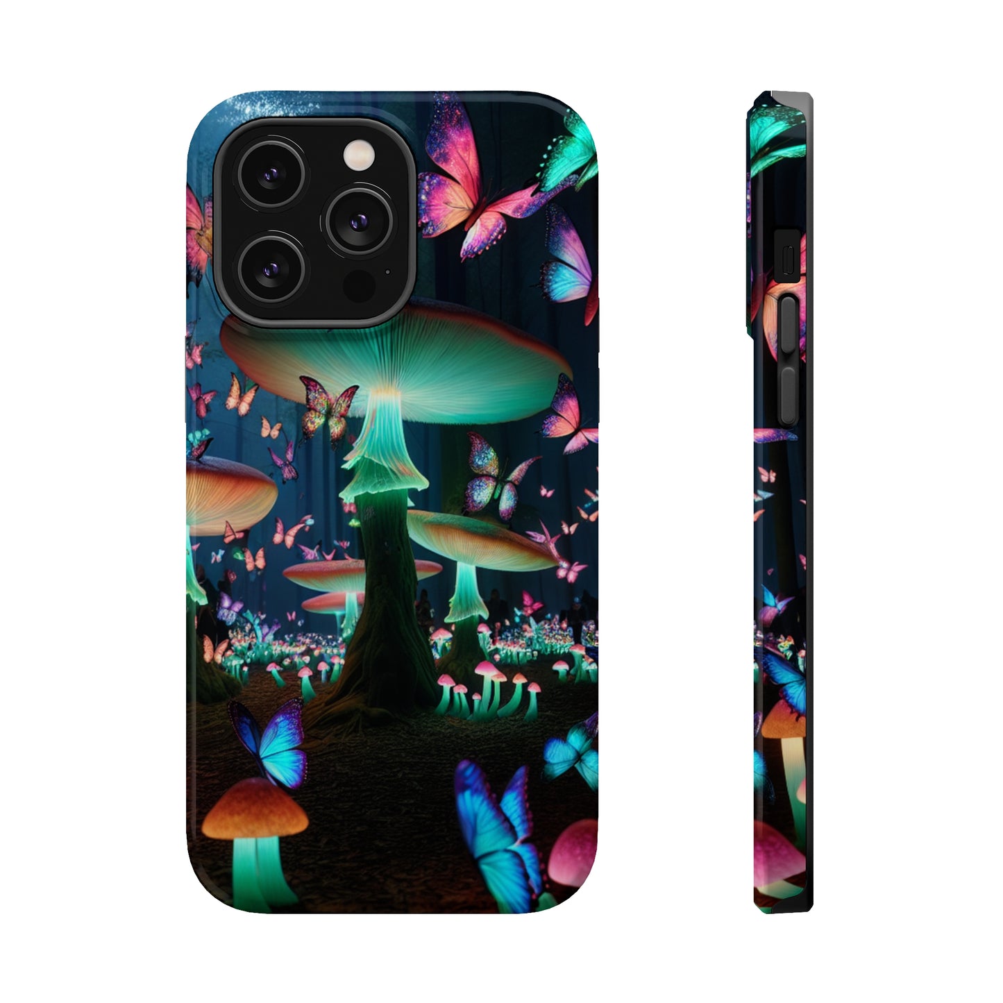 Neon Garden Delight. Neon Butterflies and Mushrooms Premium Art Magsafe Magnet Tough IPhone 13 14 15 Pro Plus Max and Mini in Matte and Glossy Phone cases