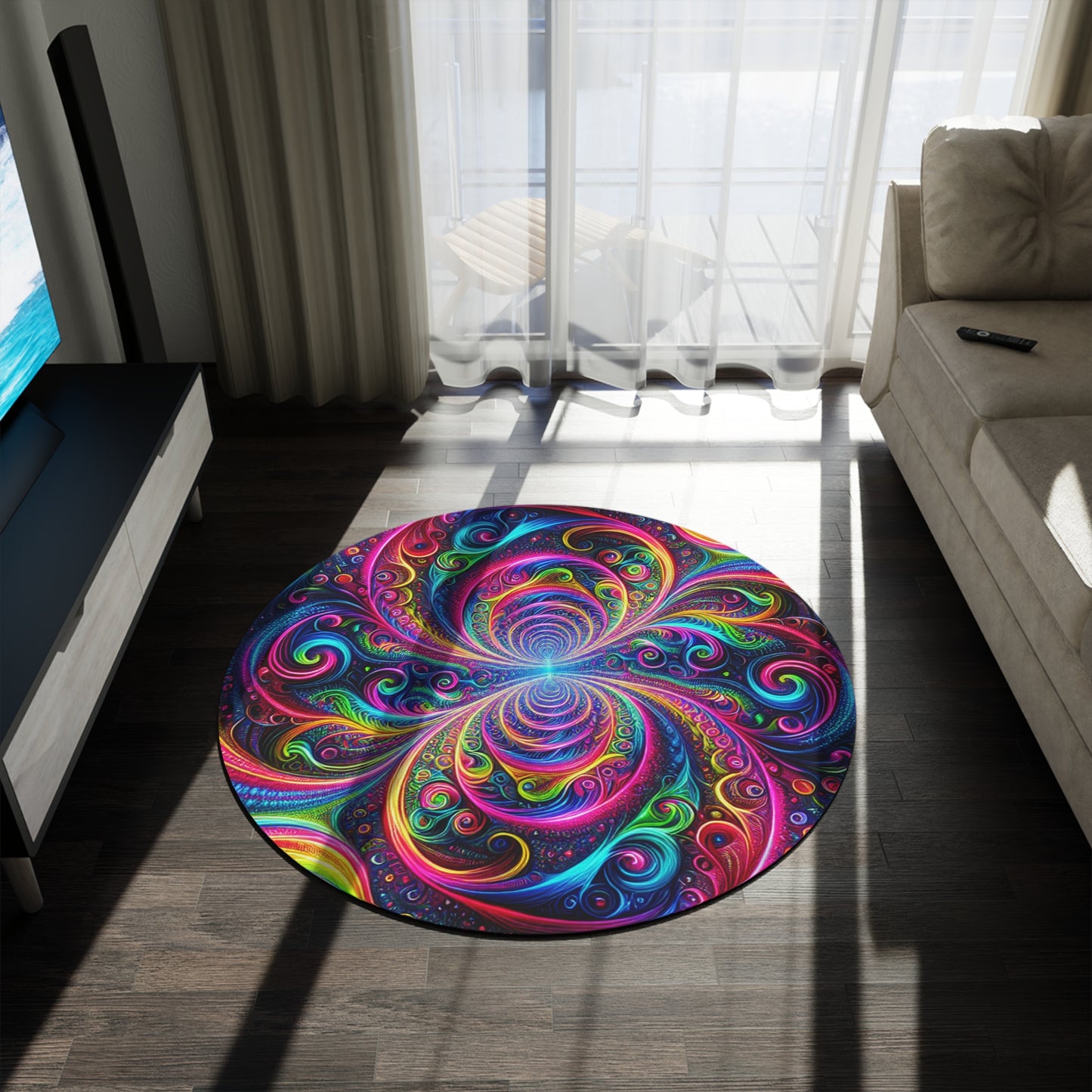 Vortex of Vivid Illumination. Infinity Patterns Round Rug