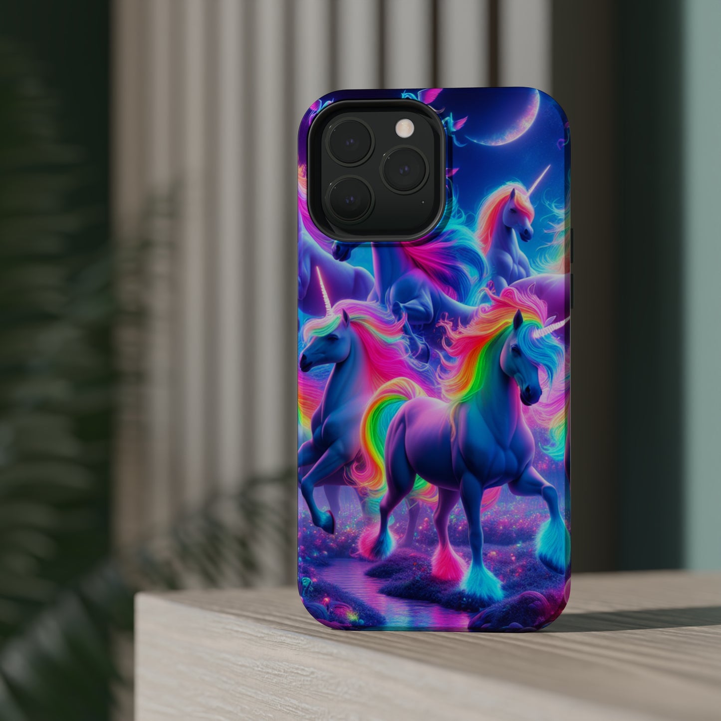 "Unicorn Prism" Neon Unicorns Premium Art Magsafe Magnet Tough IPhone 13 14 15 Pro Plus Max and Mini in Matte and Glossy Phone cases