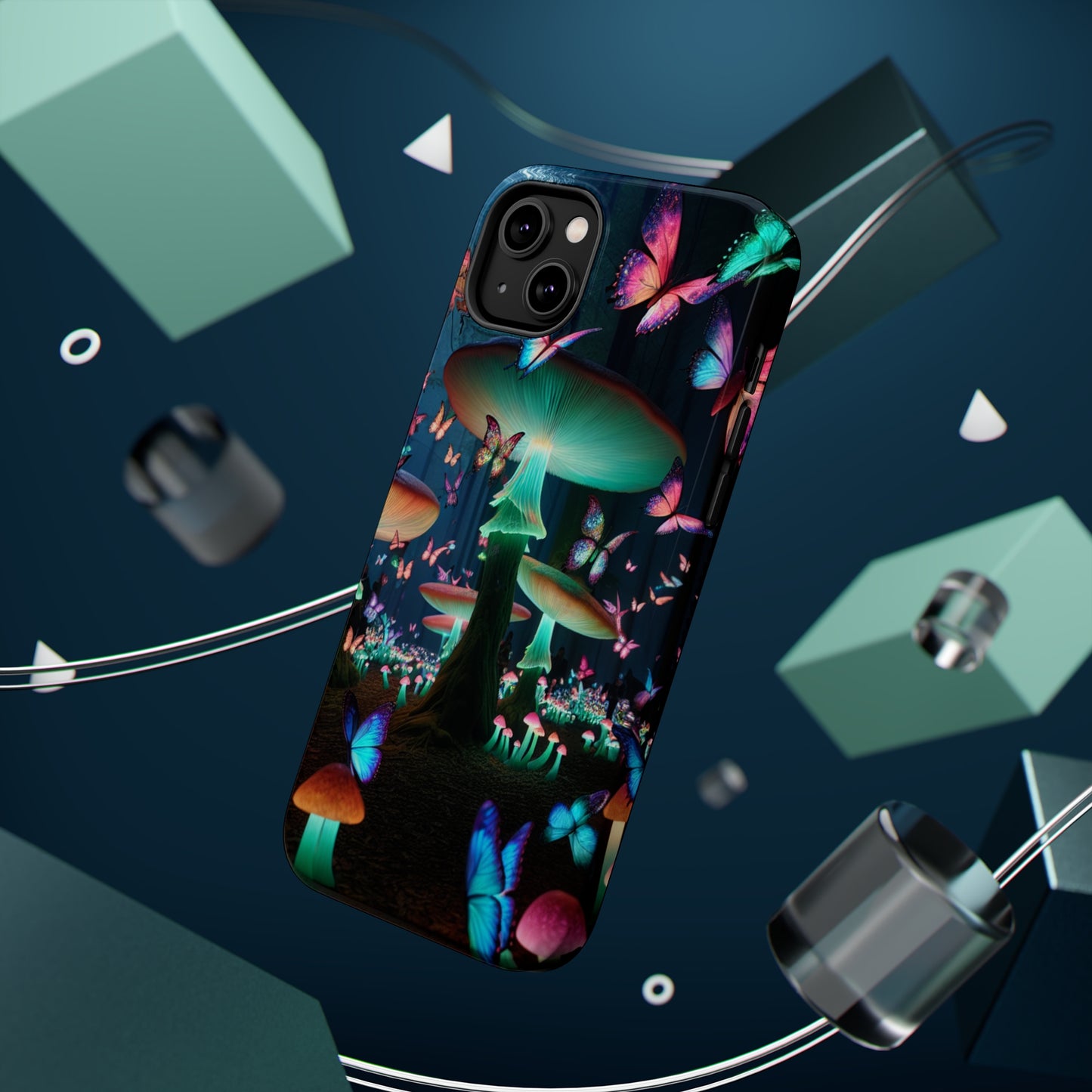 Neon Garden Delight. Neon Butterflies and Mushrooms Premium Art Magsafe Magnet Tough IPhone 13 14 15 Pro Plus Max and Mini in Matte and Glossy Phone cases