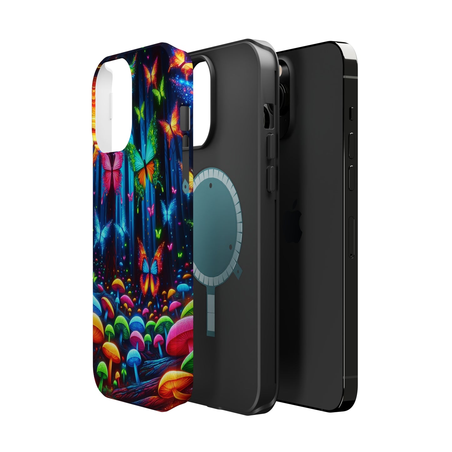 Neon Fantasia. Neon Butterflies and Mushrooms Premium Art Magsafe Magnet Tough IPhone 13 14 15 Pro Plus Max and Mini in Matte and Glossy Phone cases