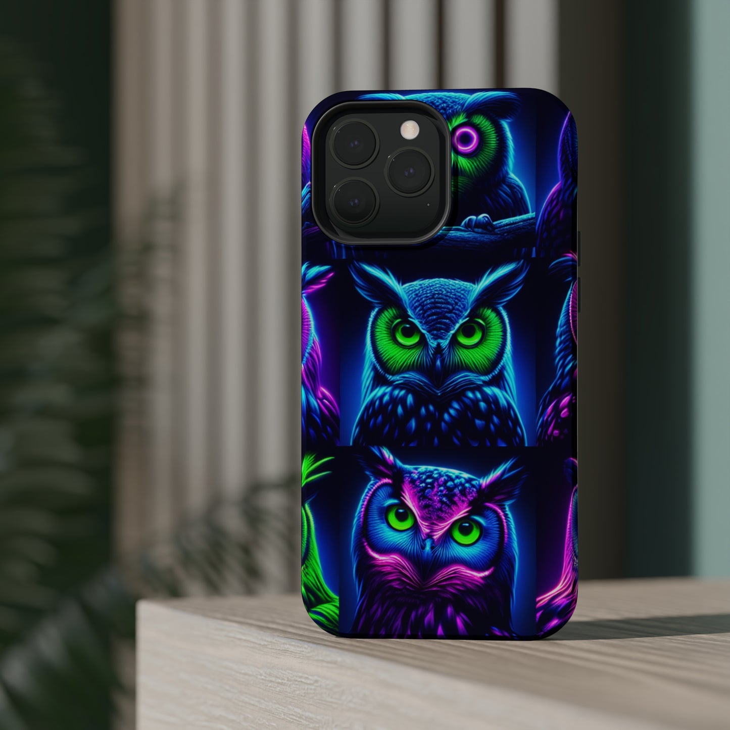 "Neon Nocturne" Neon Owls Premium Art Magsafe Magnet Tough IPhone 13 14 15 Pro Plus Max and Mini in Matte and Glossy Phone cases
