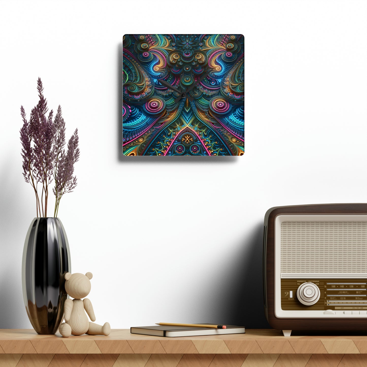 Neon Vortex Infinity Patterns Art Acrylic Clock