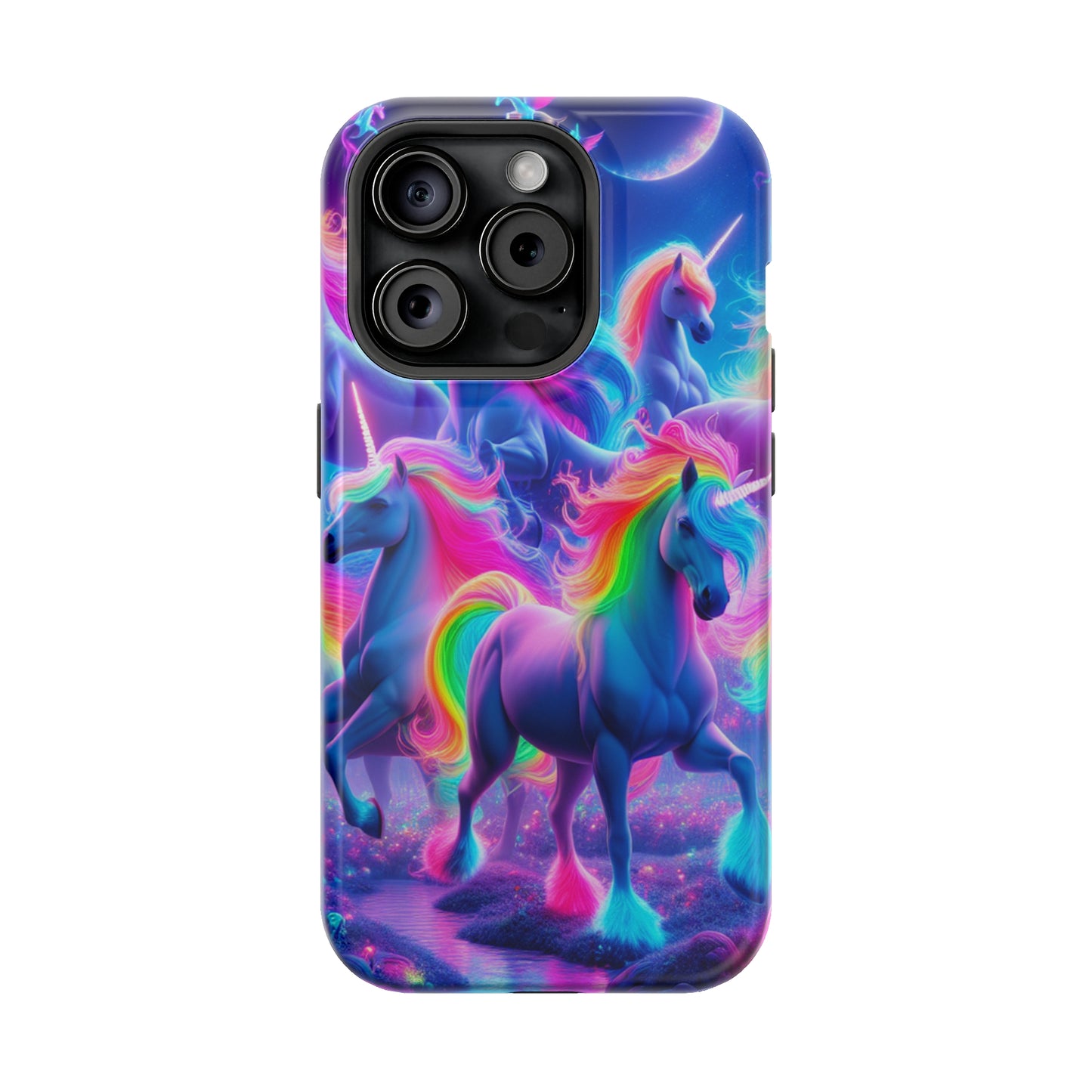 "Unicorn Prism" Neon Unicorns Premium Art Magsafe Magnet Tough IPhone 13 14 15 Pro Plus Max and Mini in Matte and Glossy Phone cases