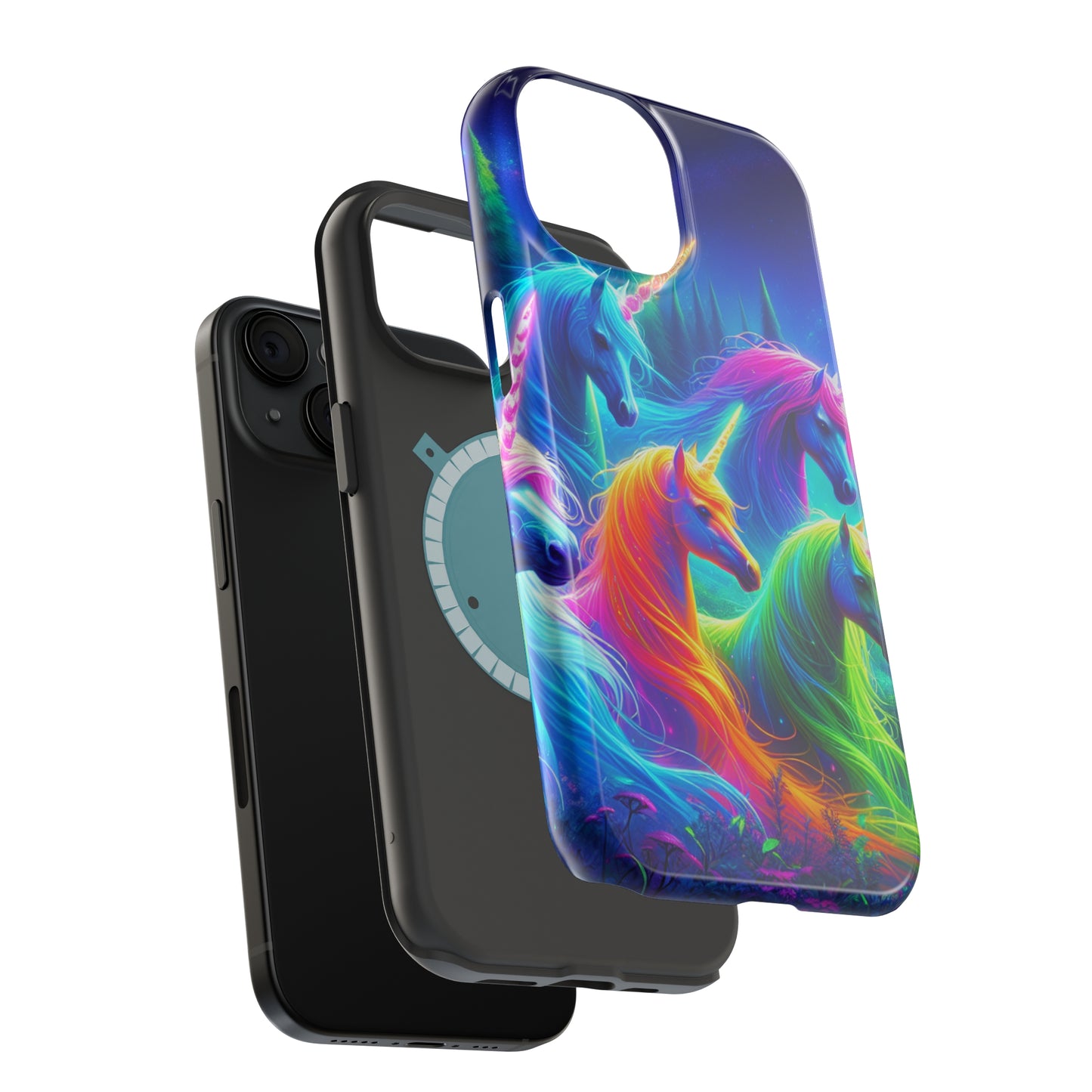 "Vibrant Neon Unicorn Rainbow" Neon Unicorns Premium Art Magsafe Magnet Tough IPhone 13 14 15 Pro Plus Max and Mini in Matte and Glossy Phone cases
