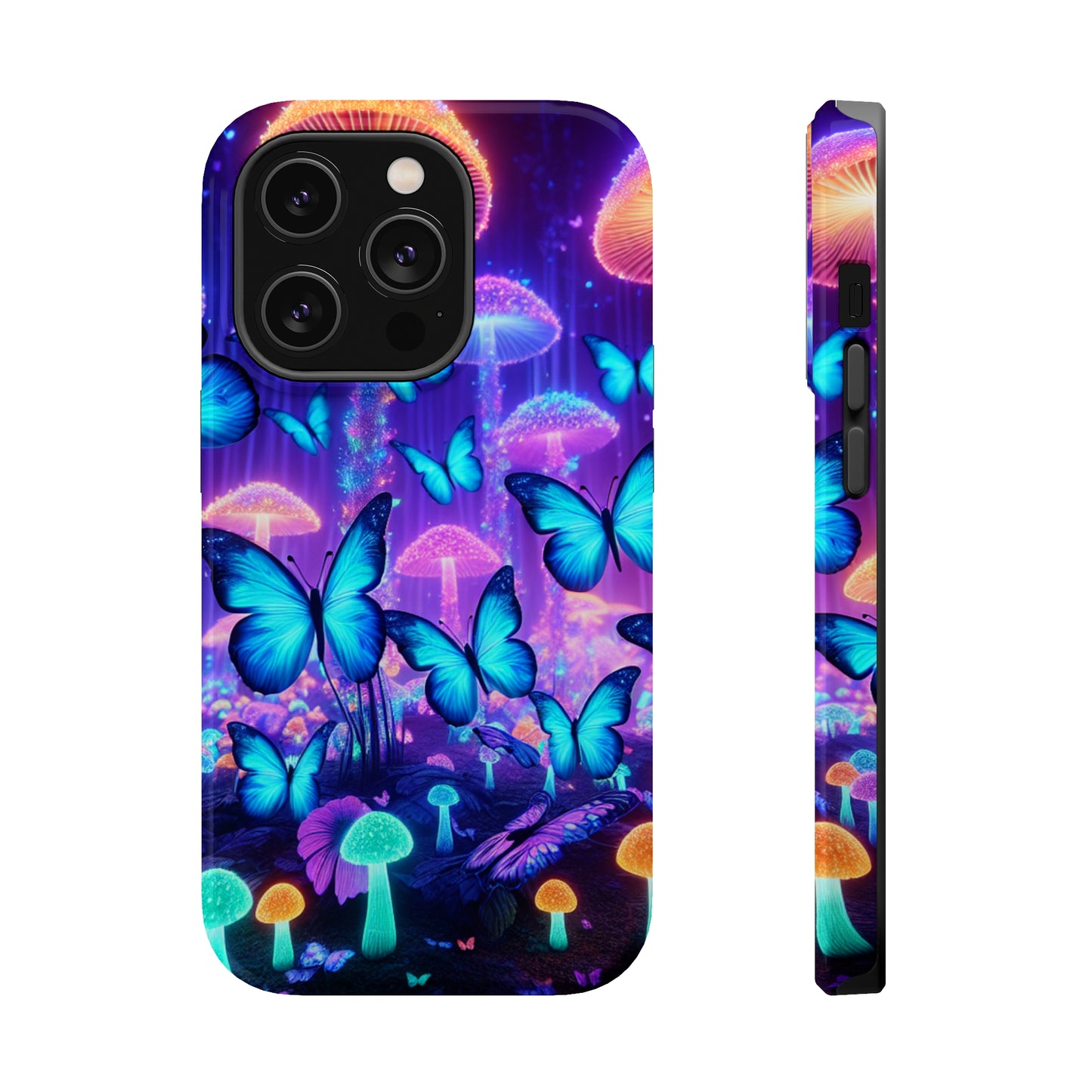 Neon Delight Landscape Neon Butterflies and Mushrooms Premium Art Magsafe Magnet Tough IPhone 13 14 15 Pro Plus Max and Mini in Matte and Glossy Phone cases