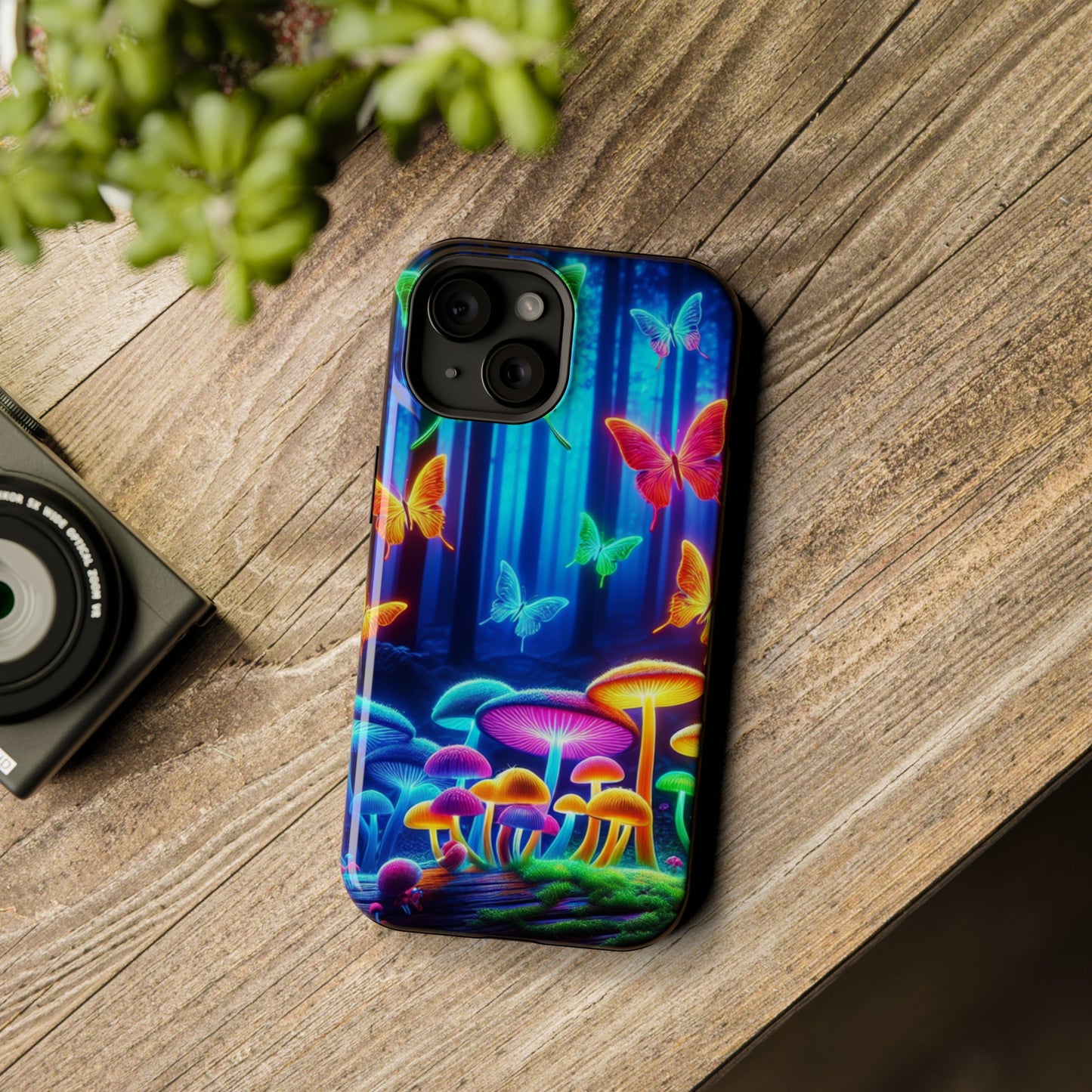 "Neon Garden Delight" Neon Butterflies and Mushrooms Premium Art Magsafe Magnet Tough IPhone 13 14 15 Pro Plus Max and Mini in Matte and Glossy Phone cases
