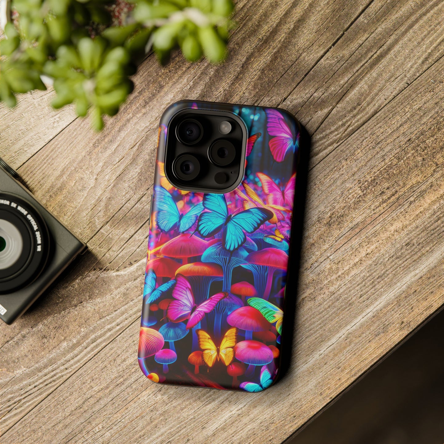 "Neon Tie-Dye Garden" Neon Butterflies and Mushrooms Premium Art Magsafe Magnet Tough IPhone 13 14 15 Pro Plus Max and Mini in Matte and Glossy Phone cases