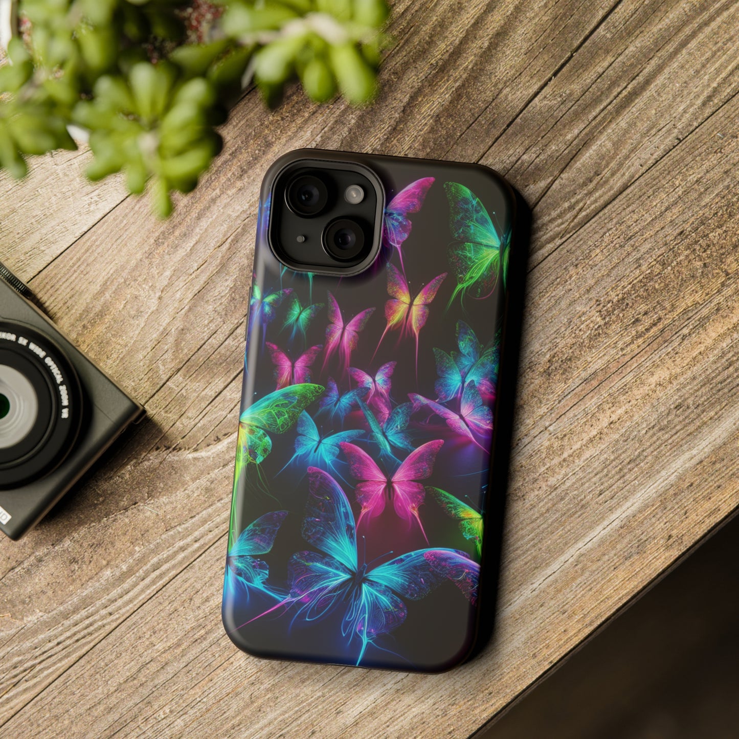 'Euphoria in Neon Flight' Neon Butterflies Premium Art Magsafe Magnet Tough IPhone 13 14 15 Pro Plus Max and Mini in Matte and Glossy Phone cases