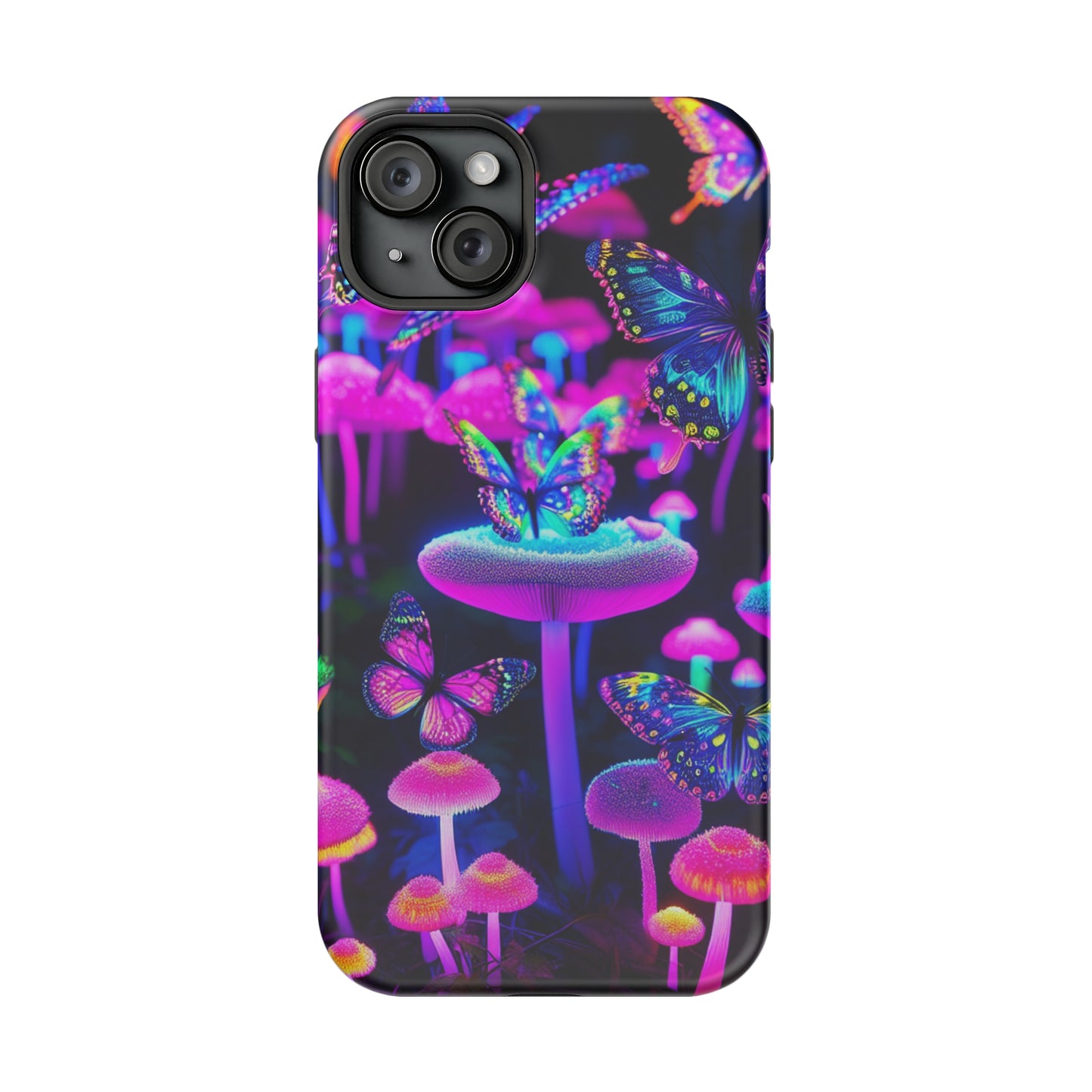 "Neon Gloomsprite Dance" Neon Butterflies and Mushrooms Premium Art Magsafe Magnet Tough IPhone 13 14 15 Pro Plus Max and Mini in Matte and Glossy Phone cases