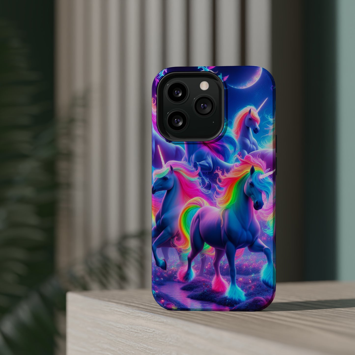 "Unicorn Prism" Neon Unicorns Premium Art Magsafe Magnet Tough IPhone 13 14 15 Pro Plus Max and Mini in Matte and Glossy Phone cases