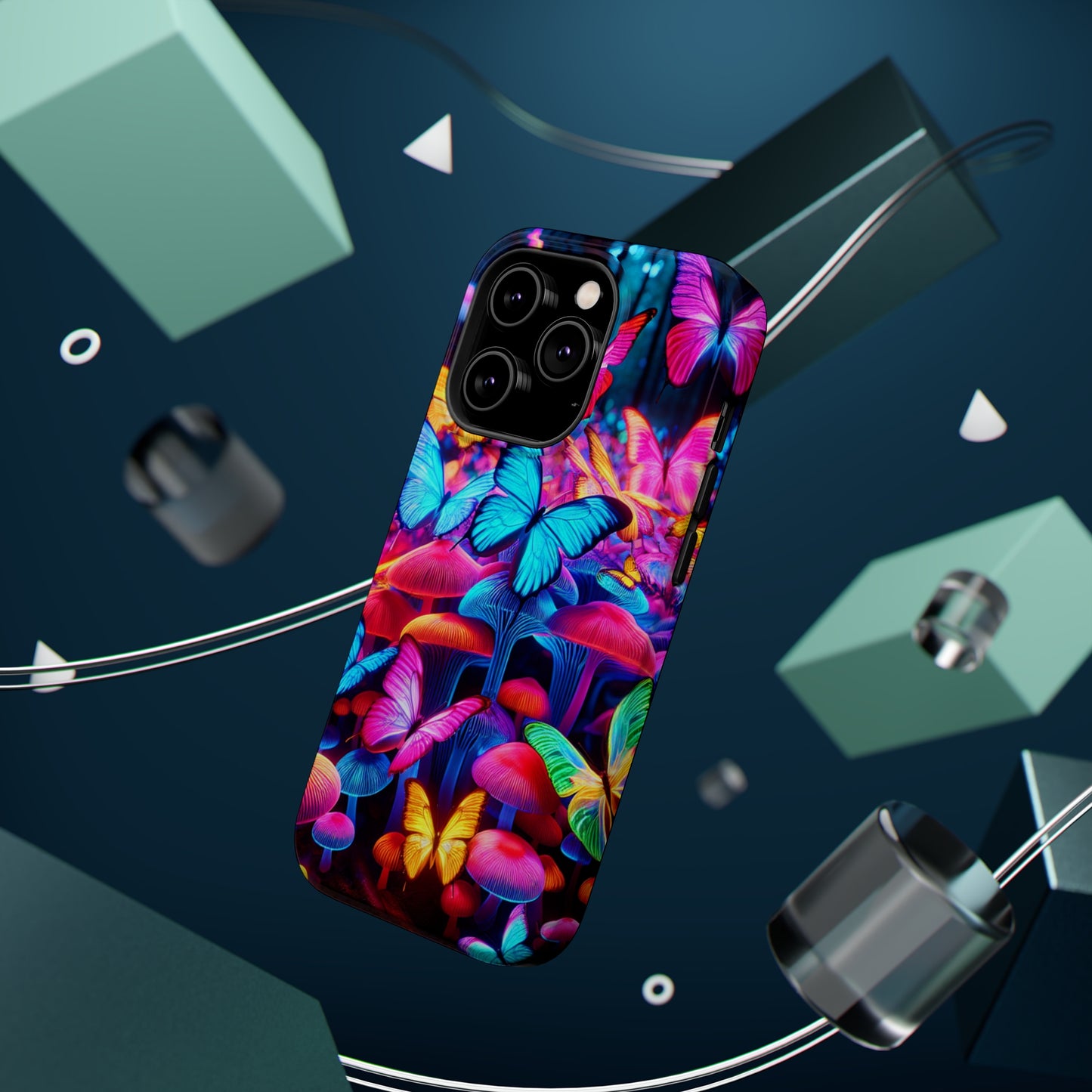 "Neon Tie-Dye Garden" Neon Butterflies and Mushrooms Premium Art Magsafe Magnet Tough IPhone 13 14 15 Pro Plus Max and Mini in Matte and Glossy Phone cases