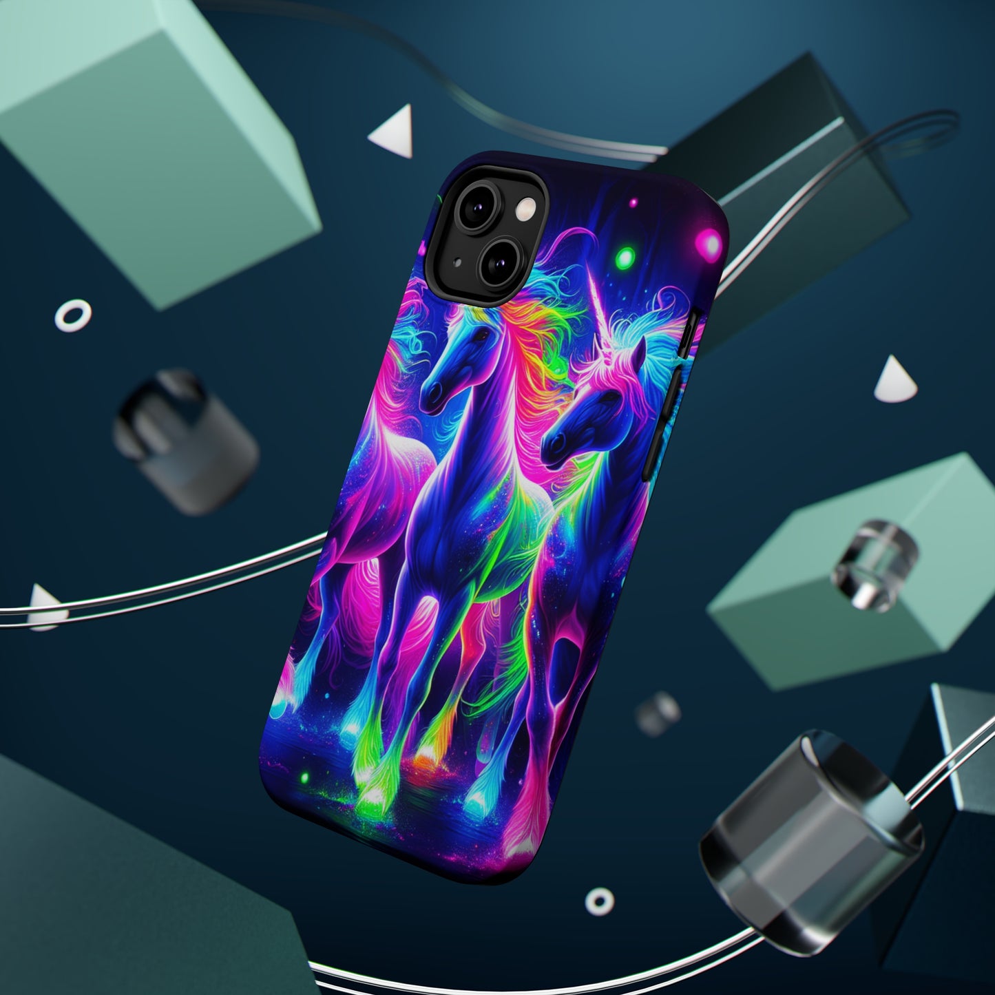 "Uni-Neon Fantasy" Neon Unicorns Premium Art Magsafe Magnet Tough IPhone 13 14 15 Pro Plus Max and Mini in Matte and Glossy Phone cases
