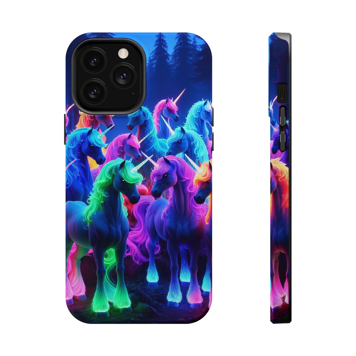 "Neon Fantasyland" Neon Unicorns Premium Art Magsafe Magnet Tough IPhone 13 14 15 Pro Plus Max and Mini in Matte and Glossy Phone cases