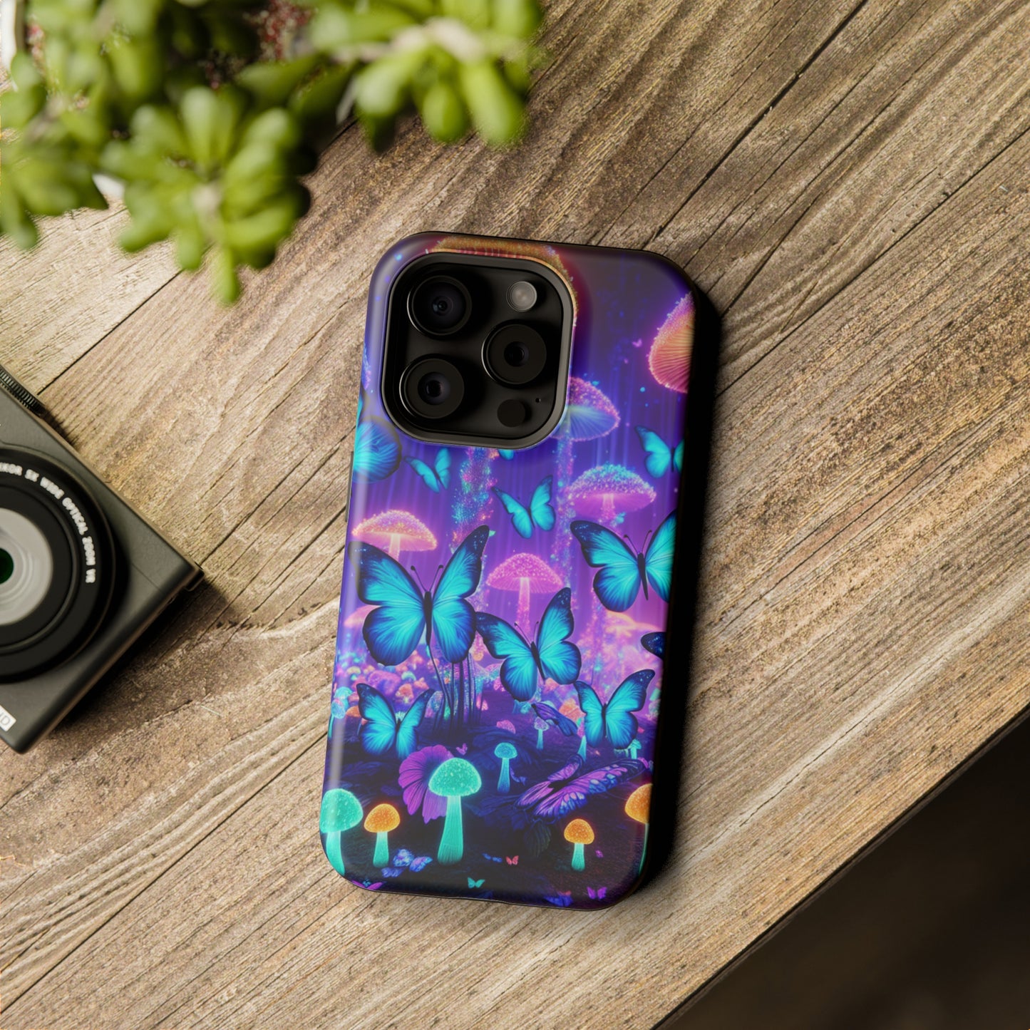 Neon Delight Landscape Neon Butterflies and Mushrooms Premium Art Magsafe Magnet Tough IPhone 13 14 15 Pro Plus Max and Mini in Matte and Glossy Phone cases