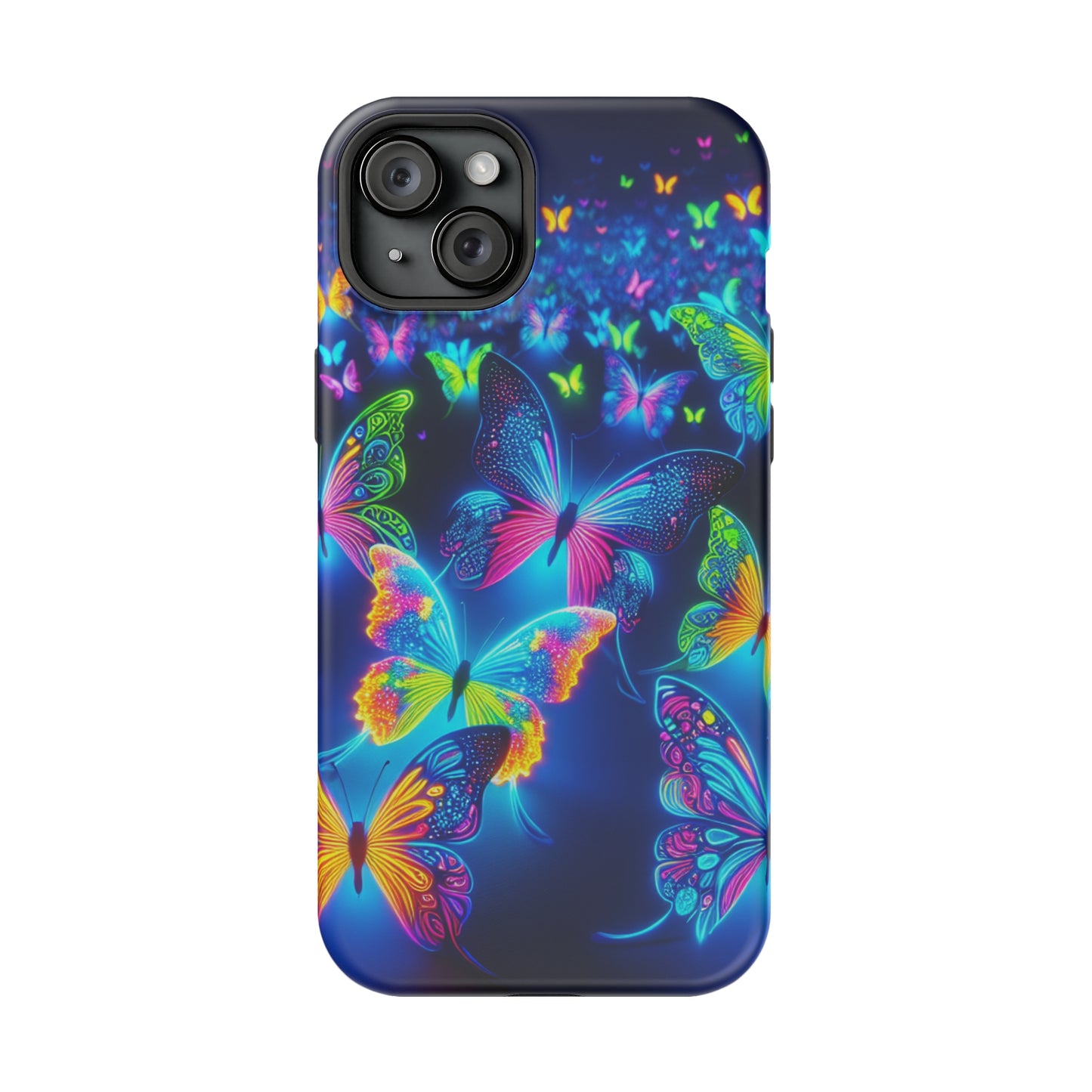"Atmospheric Fluorescence" Neon Butterflies Premium Art Magsafe Magnet Tough IPhone 13 14 15 Pro Plus Max and Mini in Matte and Glossy Phone cases