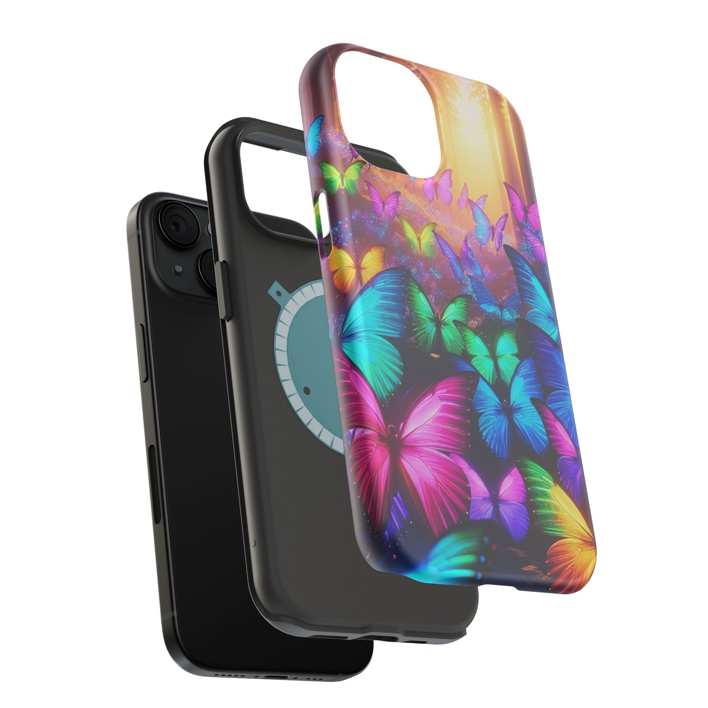 "Radiant Glowing Flight" Neon Butterflies Premium Art Magsafe Magnet Tough IPhone 13 14 15 Pro Plus Max and Mini in Matte and Glossy Phone cases